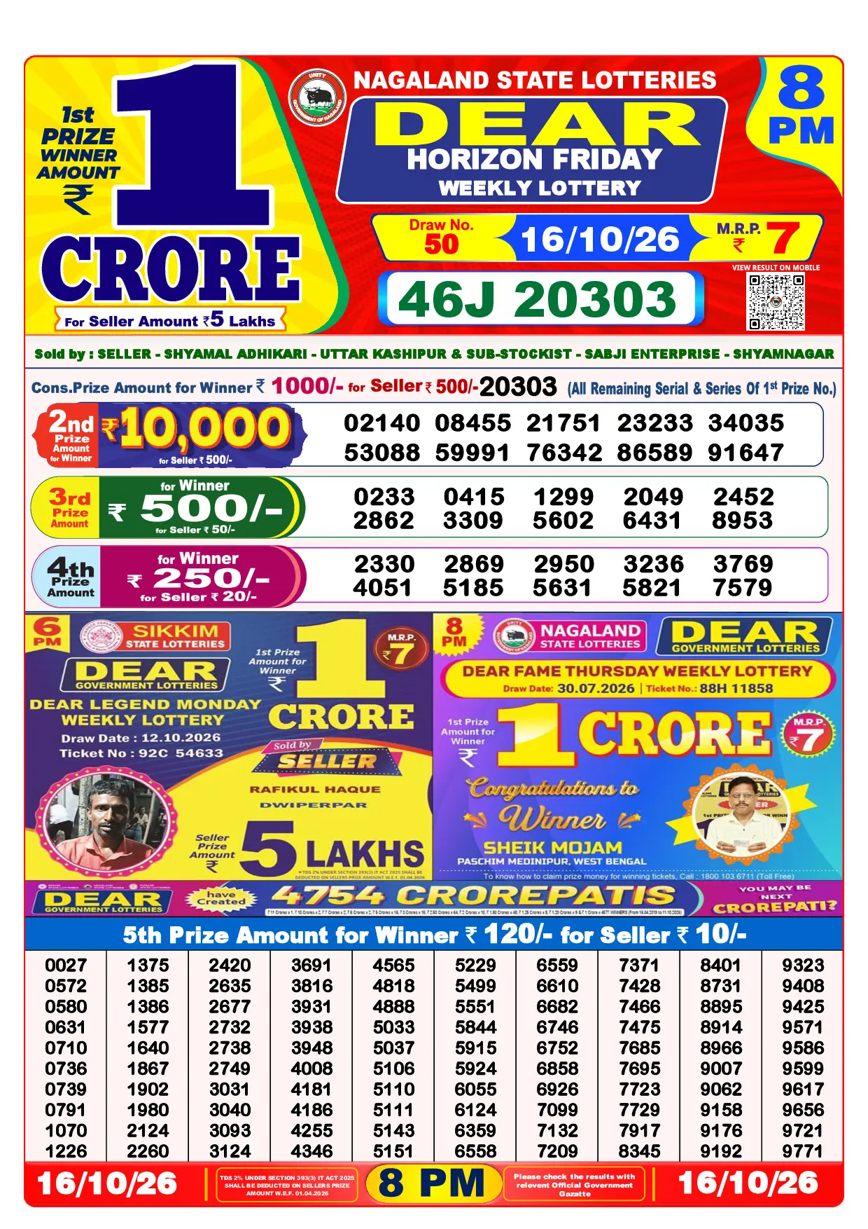Official Lottery Sambad 8PM HORIZON FRIDAY result sheet for 16 October 2026
