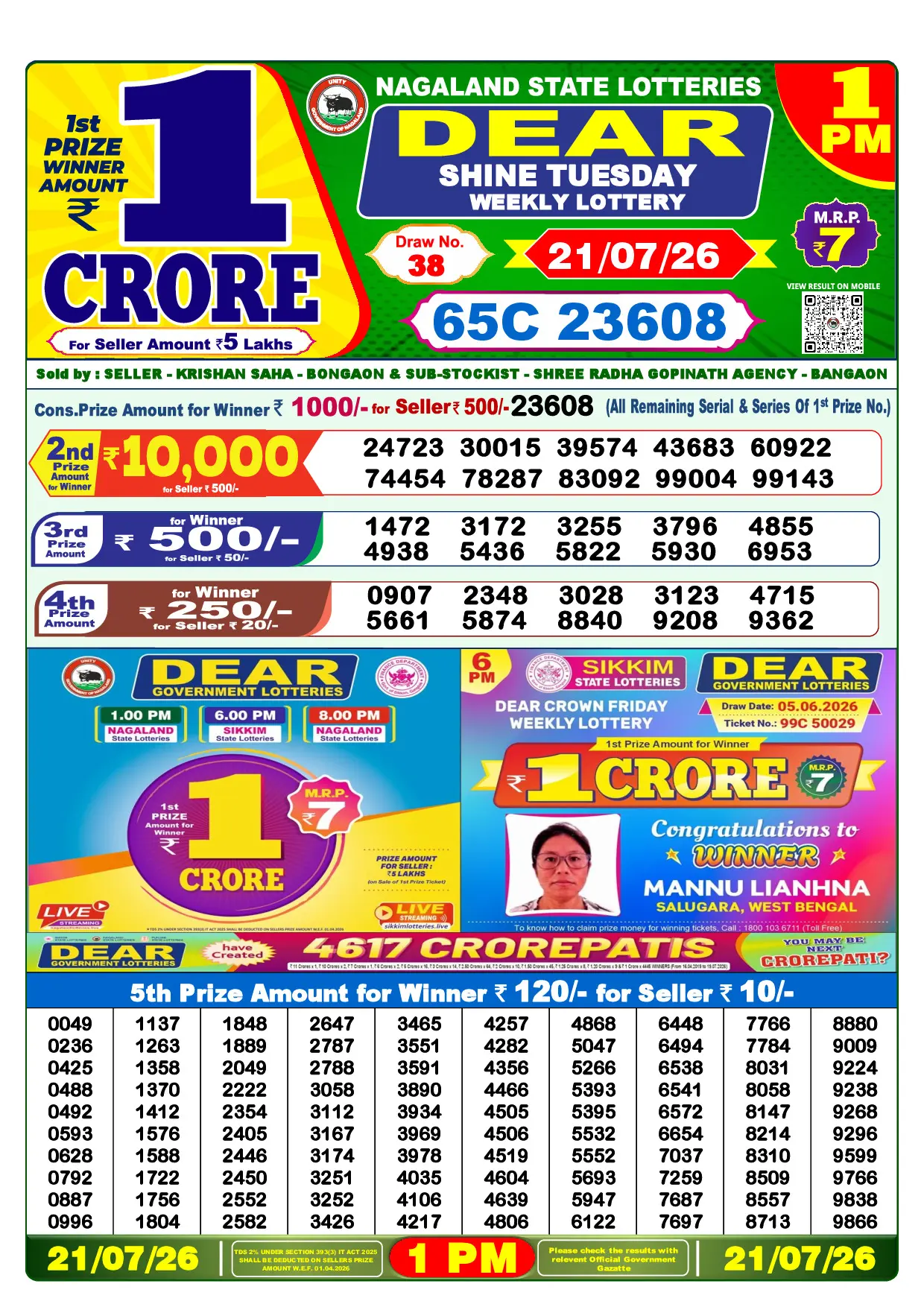 Official Lottery Sambad 1PM SHINE TUESDAY result sheet for 21 July 2026