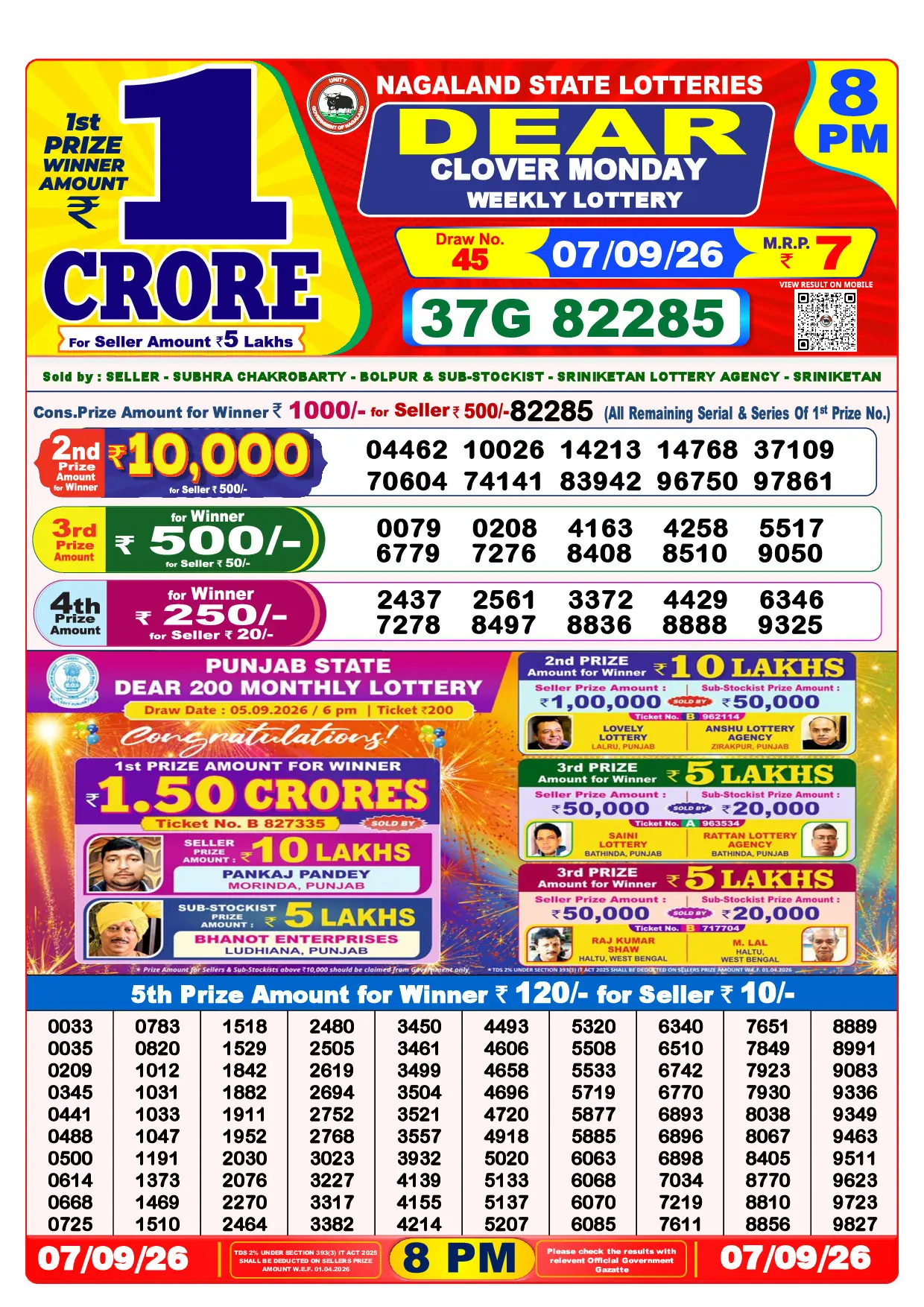 Official Lottery Sambad 8PM CLOVER MONDAY result sheet for 7 September 2026