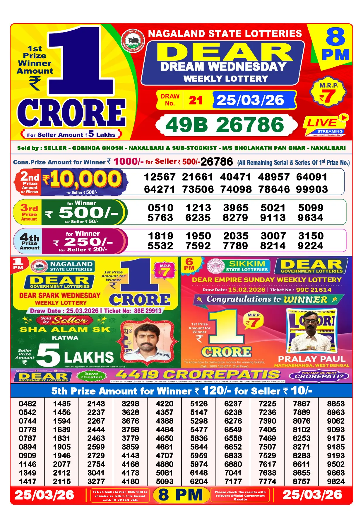 Official Lottery Sambad 8PM DREAM WEDNESDAY result sheet for 25 March 2026