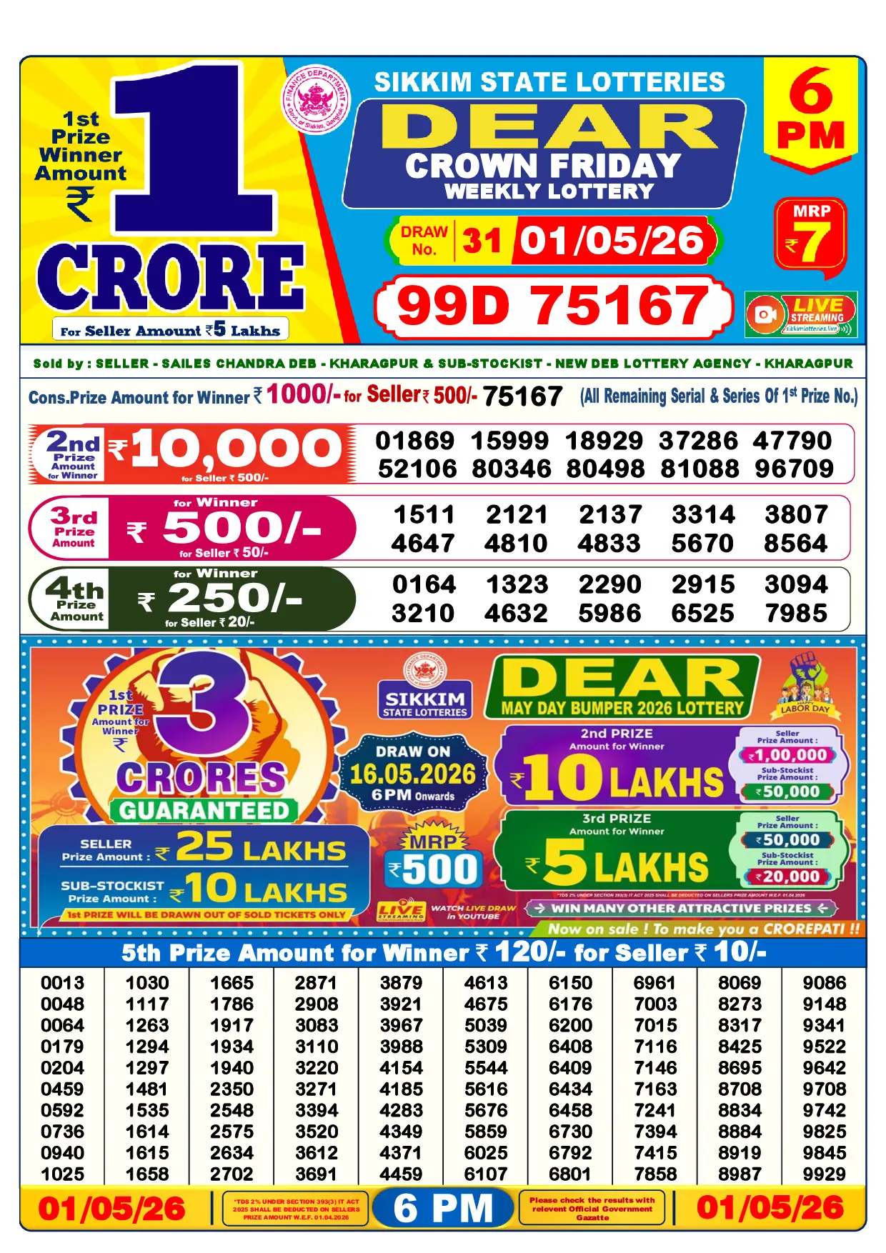 Official Lottery Sambad 6PM CROWN FRIDAY result sheet for 1 May 2026