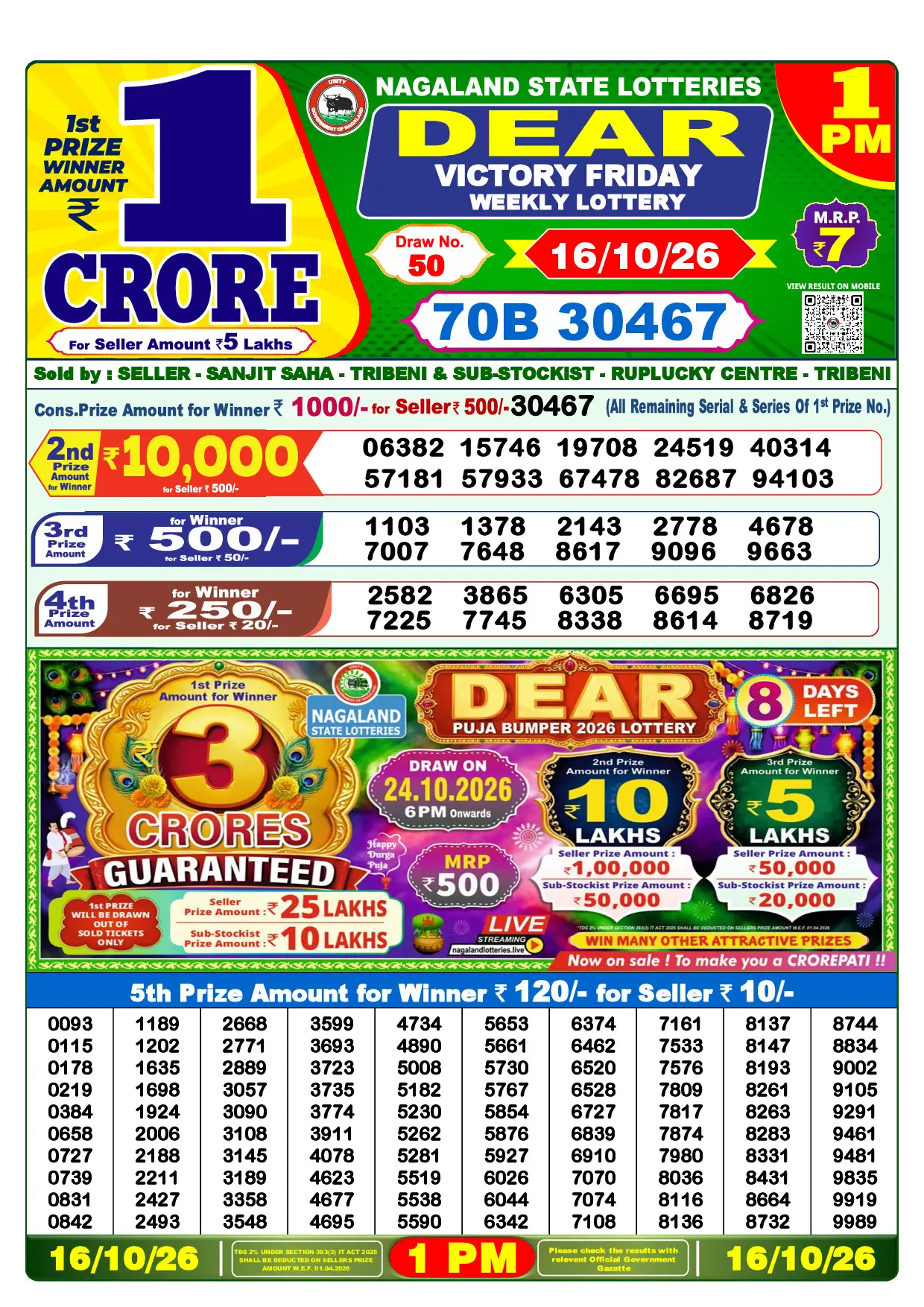 Official Lottery Sambad 1PM VICTORY FRIDAY result sheet for 16 October 2026