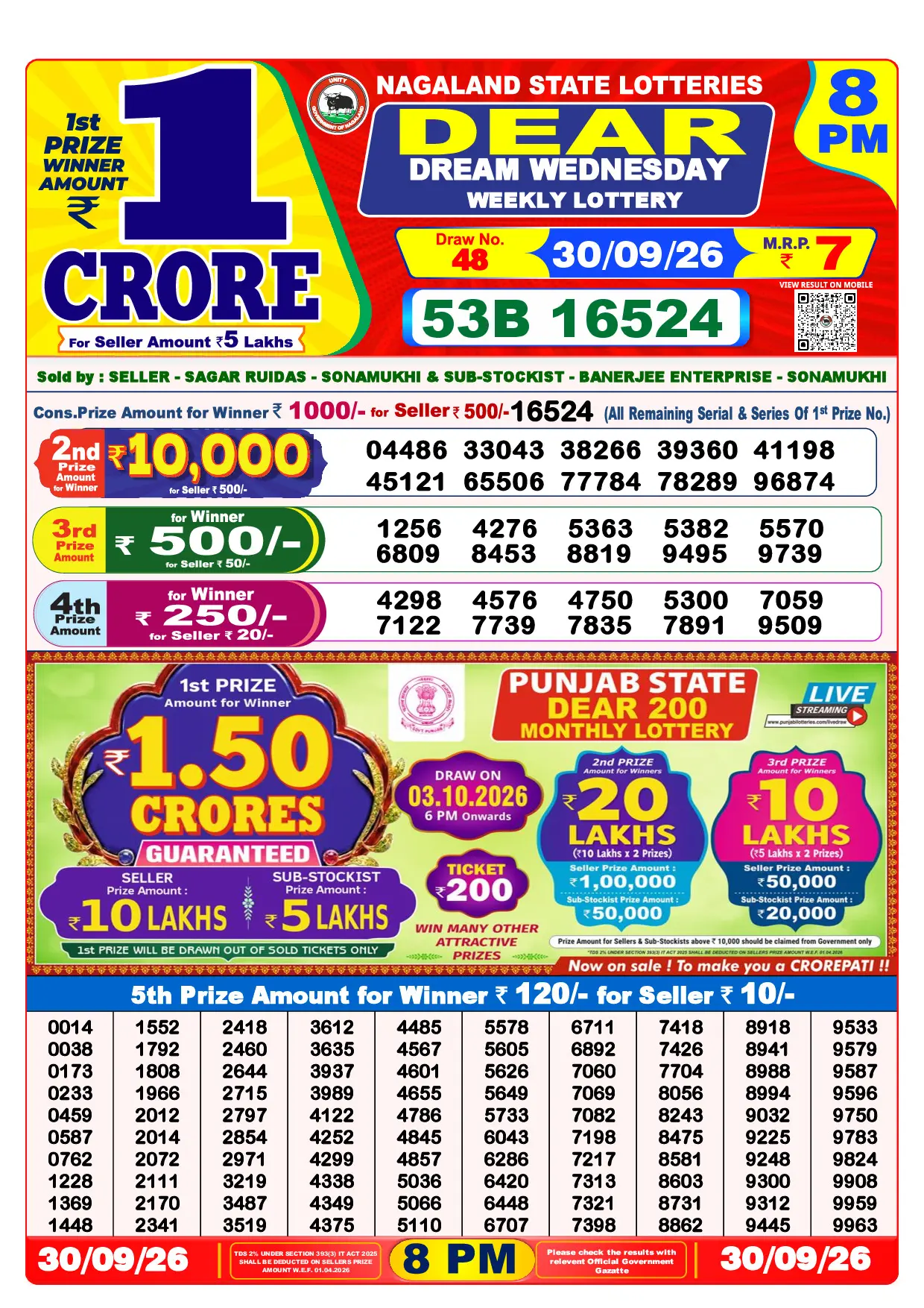 Official Lottery Sambad 8PM DREAM WEDNESDAY result sheet for 30 September 2026