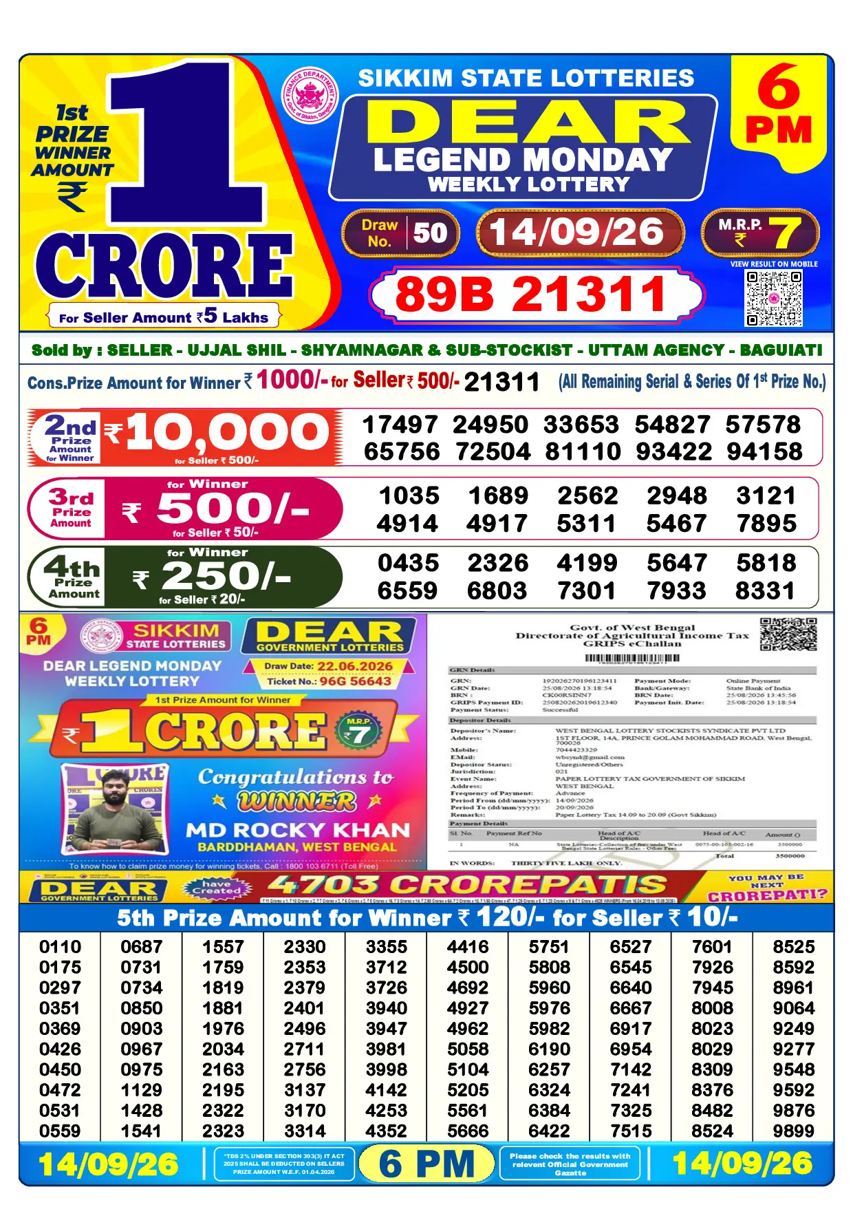 Official Lottery Sambad 6PM LEGEND MONDAY result sheet for 14 September 2026