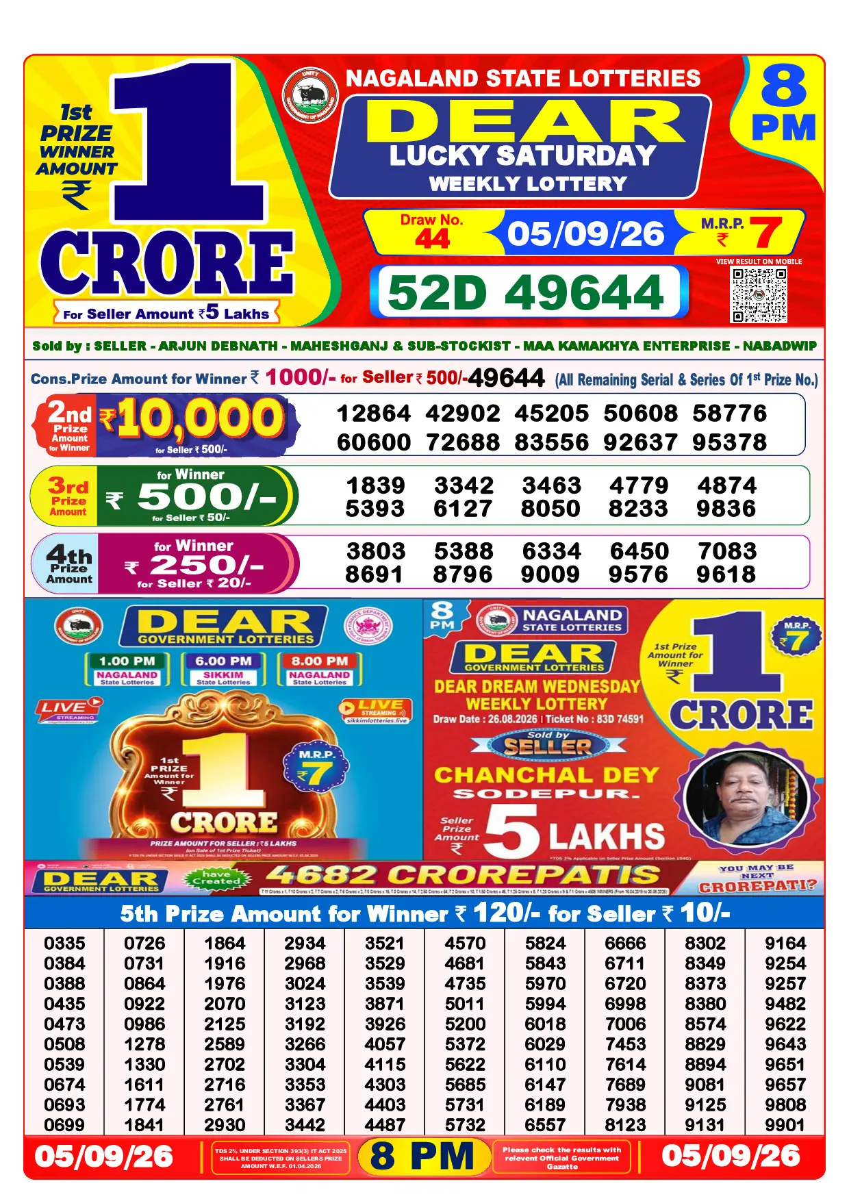 Official Lottery Sambad 8PM LUCKY SATURDAY result sheet for 5 September 2026