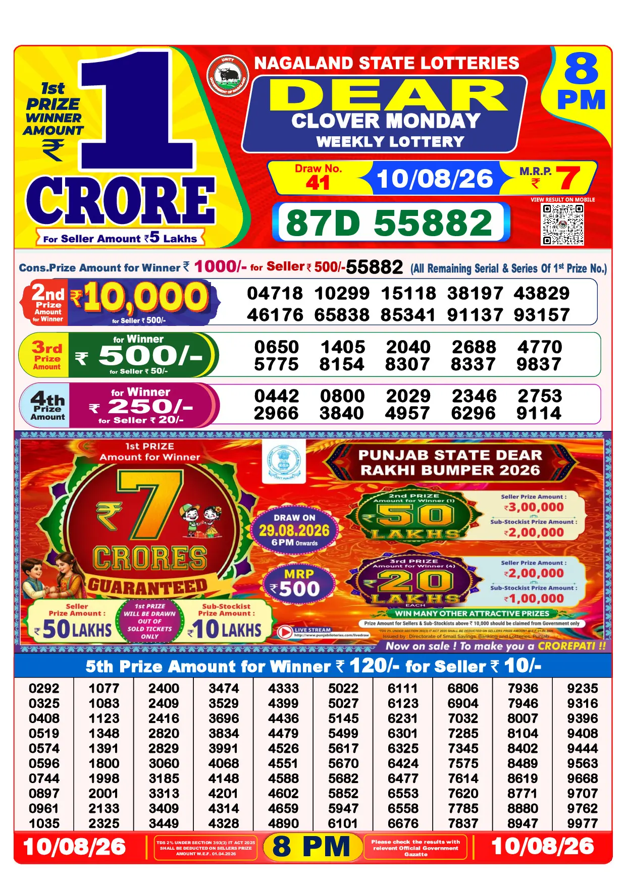 Official Lottery Sambad 8PM CLOVER MONDAY result sheet for 10 August 2026