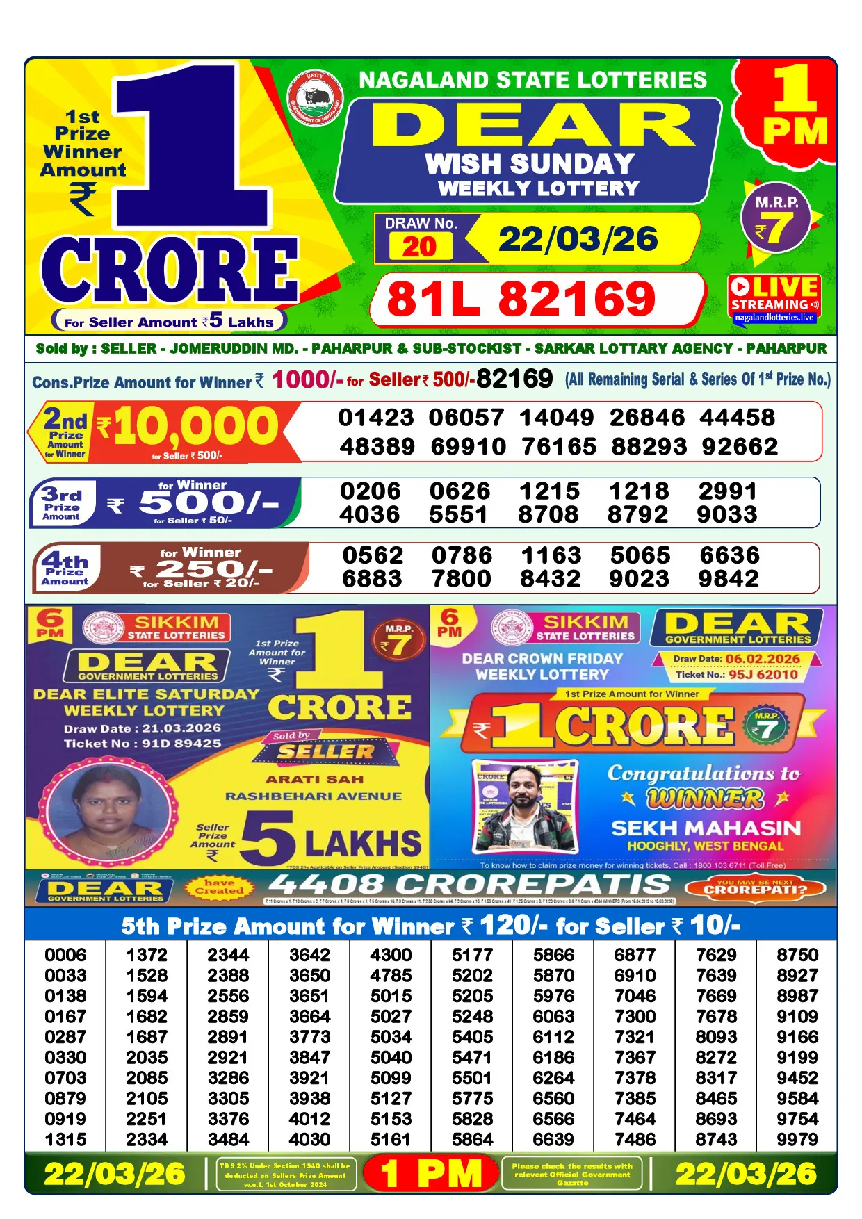 Official Lottery Sambad 1PM WISH SUNDAY result sheet for 22 March 2026
