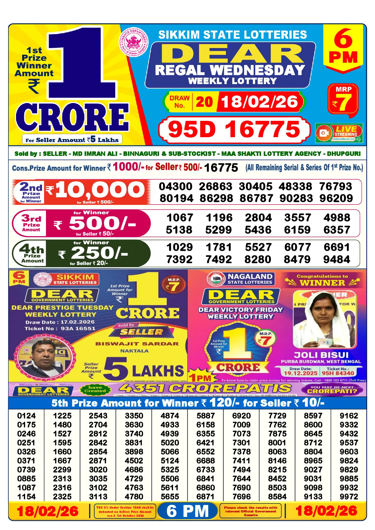 Official Lottery Sambad 6PM REGAL WEDNESDAY result sheet for 18 February 2026