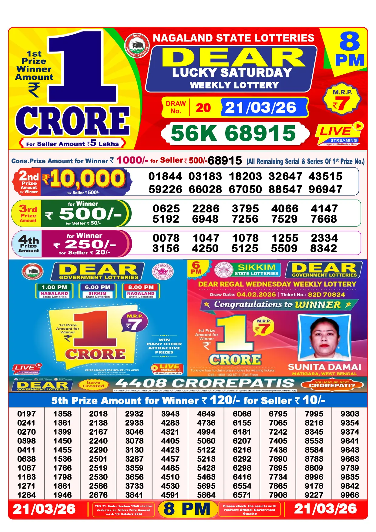 Official Lottery Sambad 8PM LUCKY SATURDAY result sheet for 21 March 2026