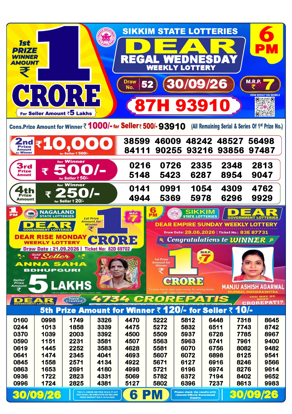 Official Lottery Sambad 6PM REGAL WEDNESDAY result sheet for 30 September 2026