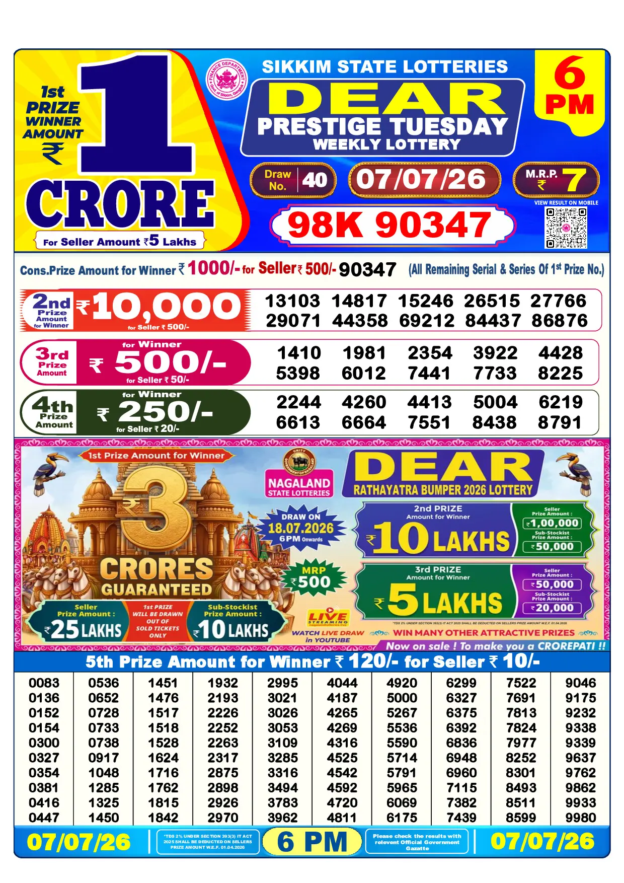 Official Lottery Sambad 6PM PRESTIGE TUESDAY result sheet for 7 July 2026