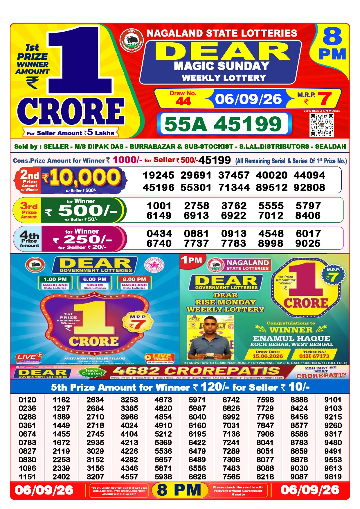 Official Lottery Sambad 8PM MAGIC SUNDAY result sheet for 6 September 2026
