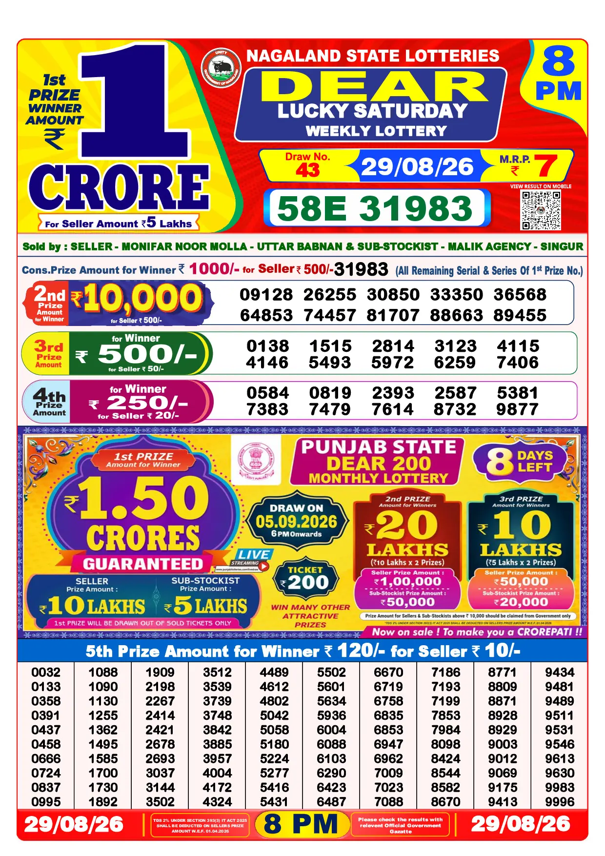 Official Lottery Sambad 8PM LUCKY SATURDAY result sheet for 29 August 2026