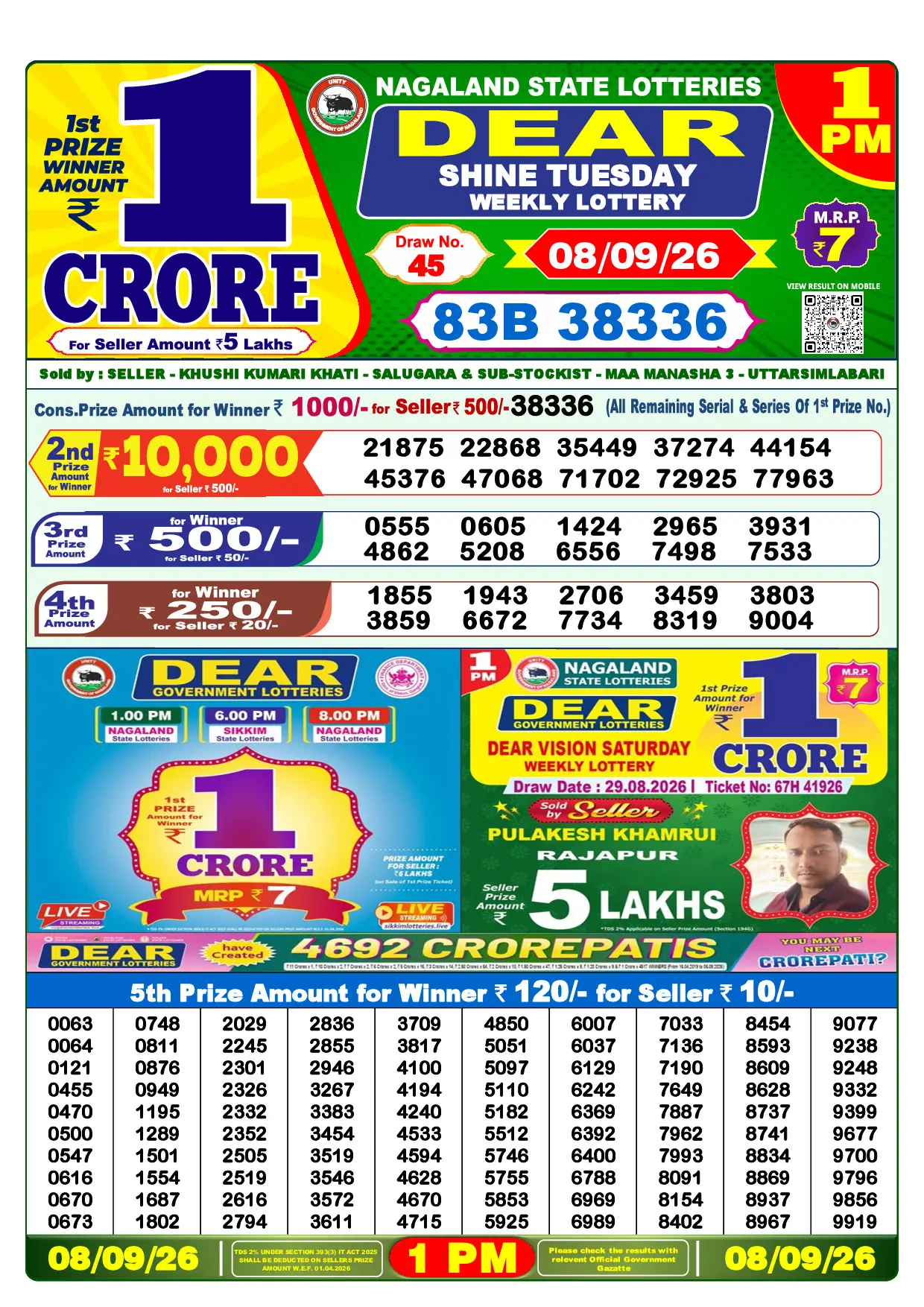 Official Lottery Sambad 1PM SHINE TUESDAY result sheet for 8 September 2026