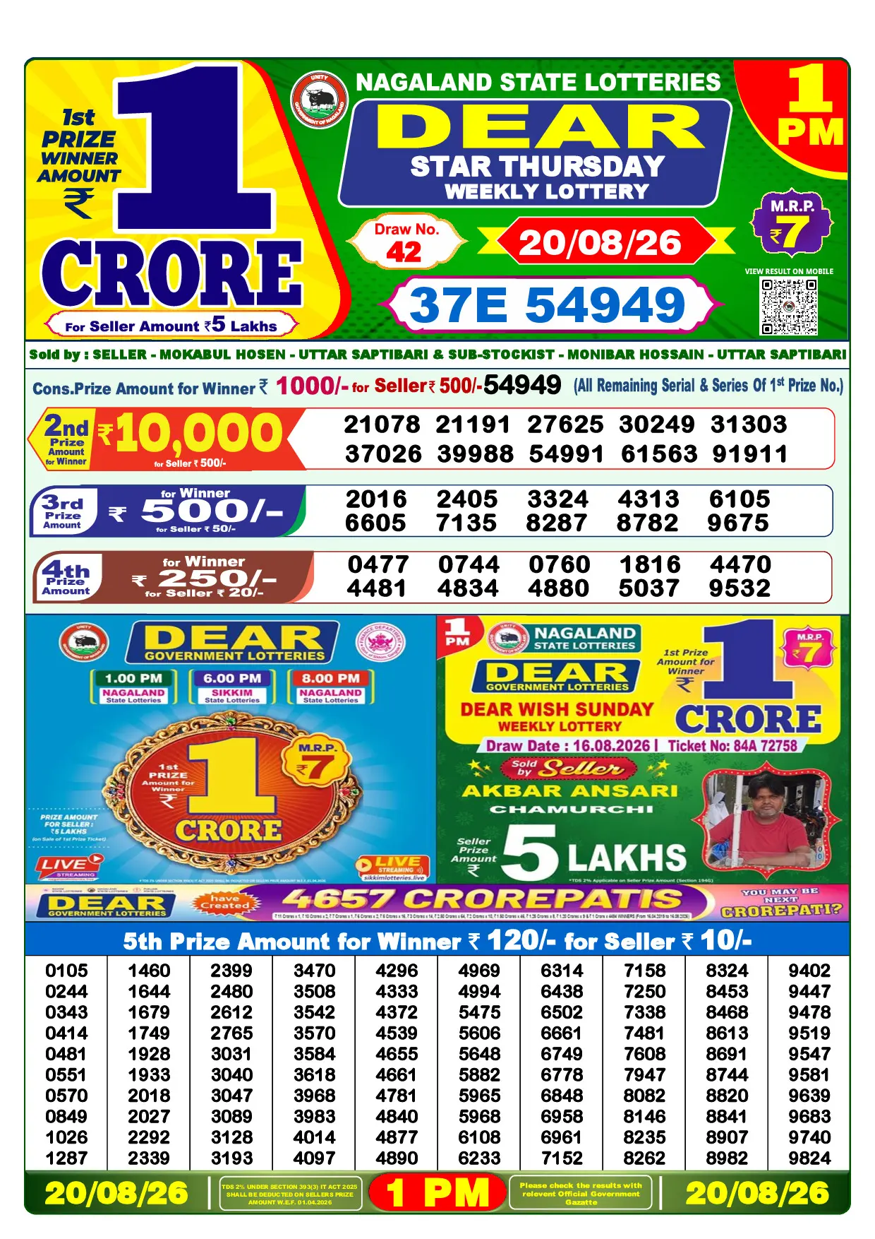 Official Lottery Sambad 1PM STAR THURSDAY result sheet for 20 August 2026