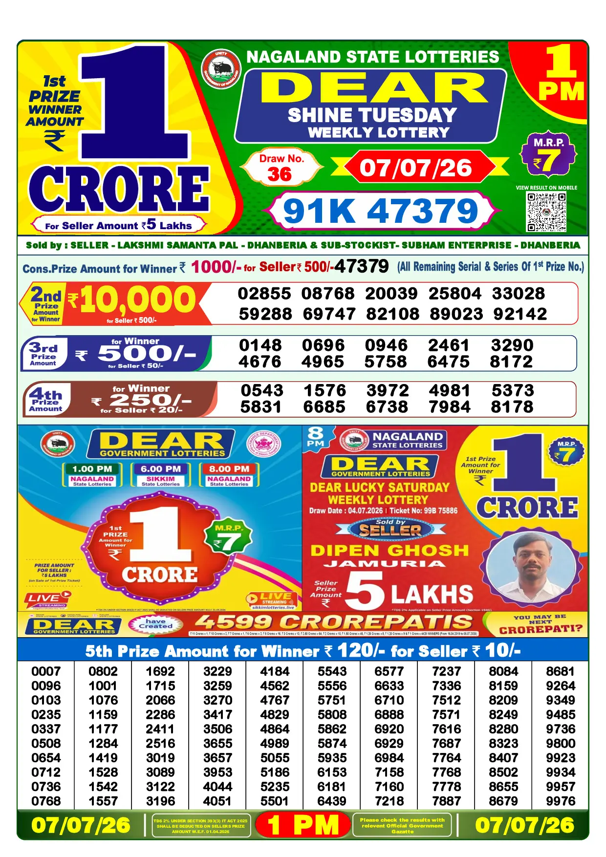 Official Lottery Sambad 1PM SHINE TUESDAY result sheet for 7 July 2026