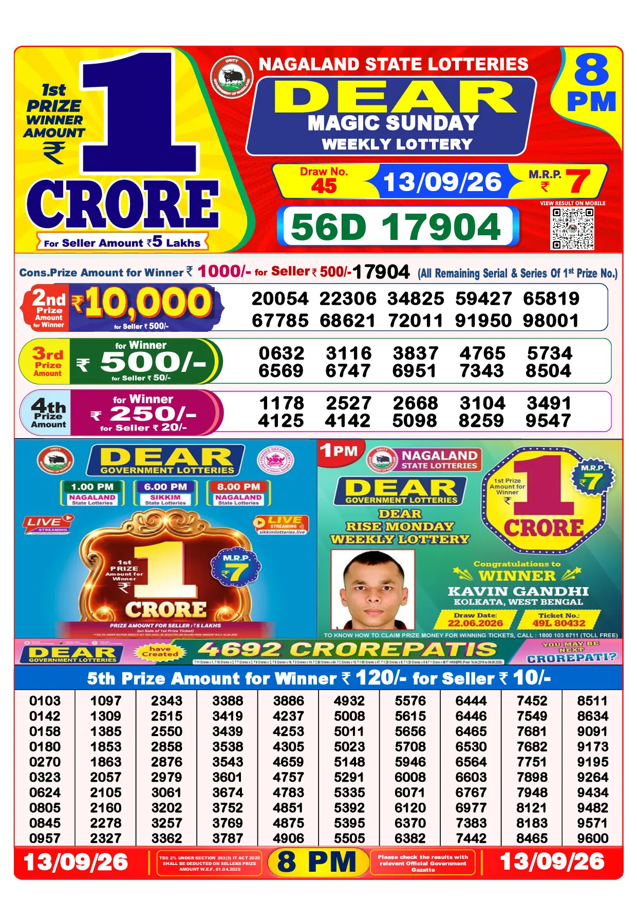 Official Lottery Sambad 8PM MAGIC SUNDAY result sheet for 13 September 2026