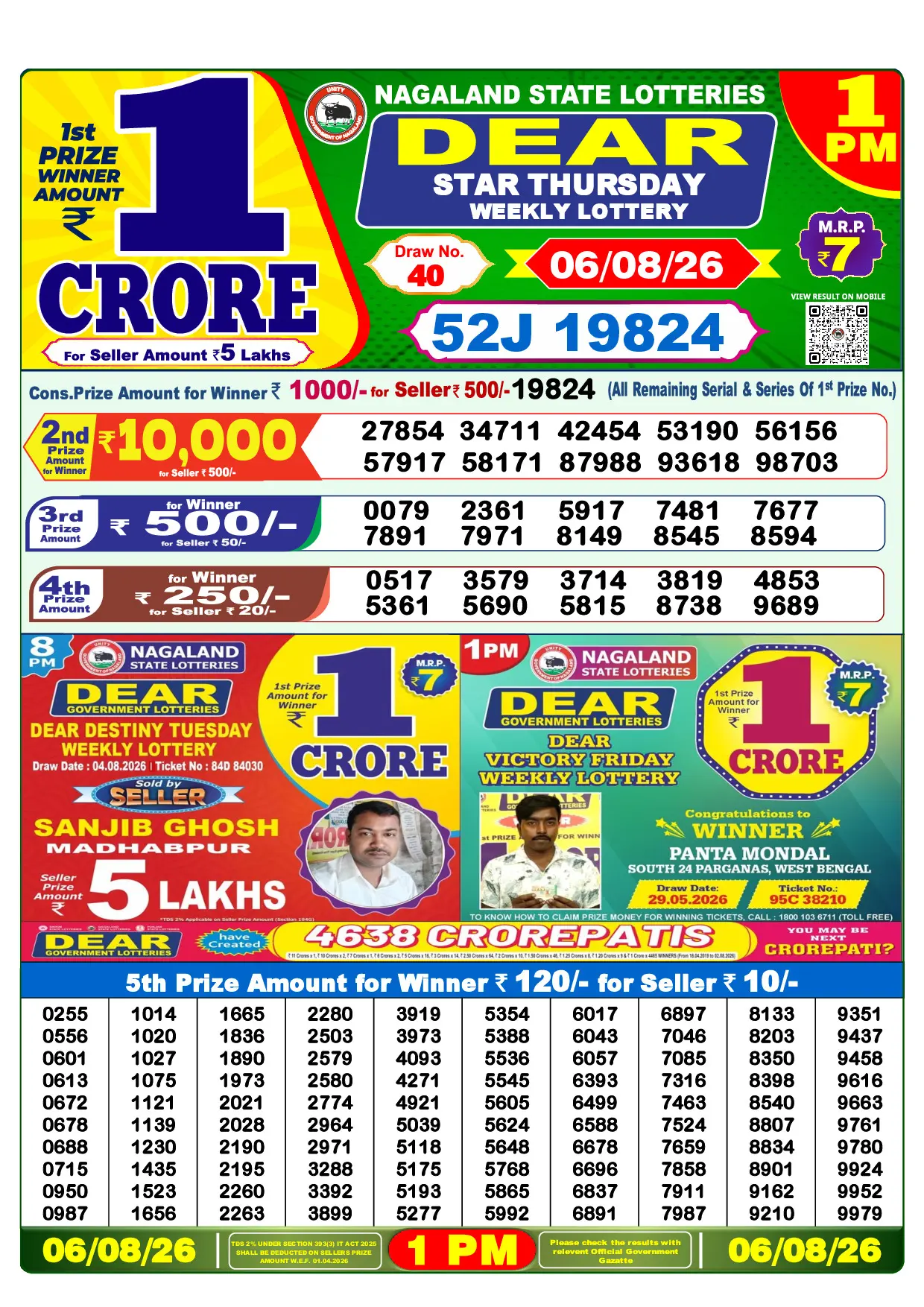 Official Lottery Sambad 1PM STAR THURSDAY result sheet for 6 August 2026