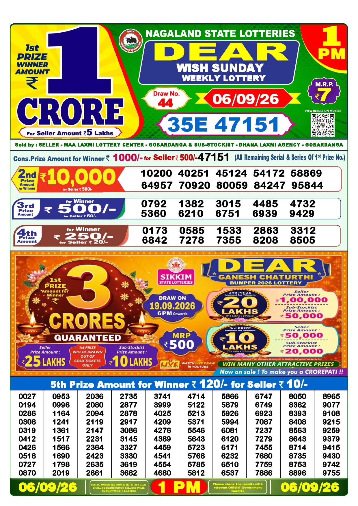 Official Lottery Sambad 1PM WISH SUNDAY result sheet for 6 September 2026