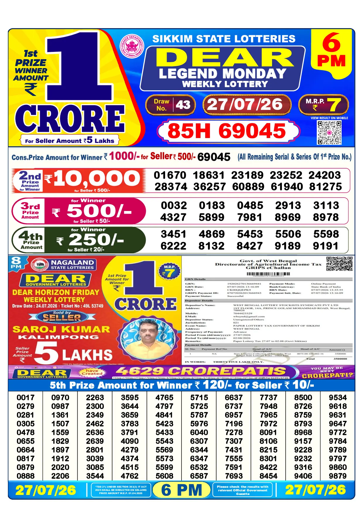 Official Lottery Sambad 6PM LEGEND MONDAY result sheet for 27 July 2026