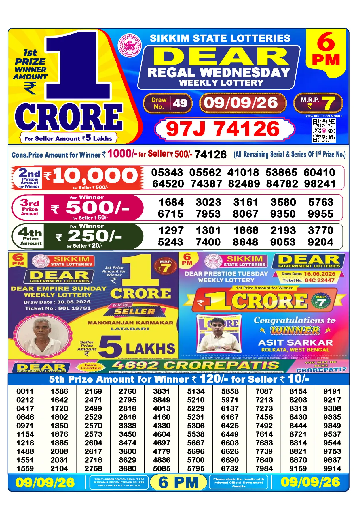 Official Lottery Sambad 6PM REGAL WEDNESDAY result sheet for 9 September 2026