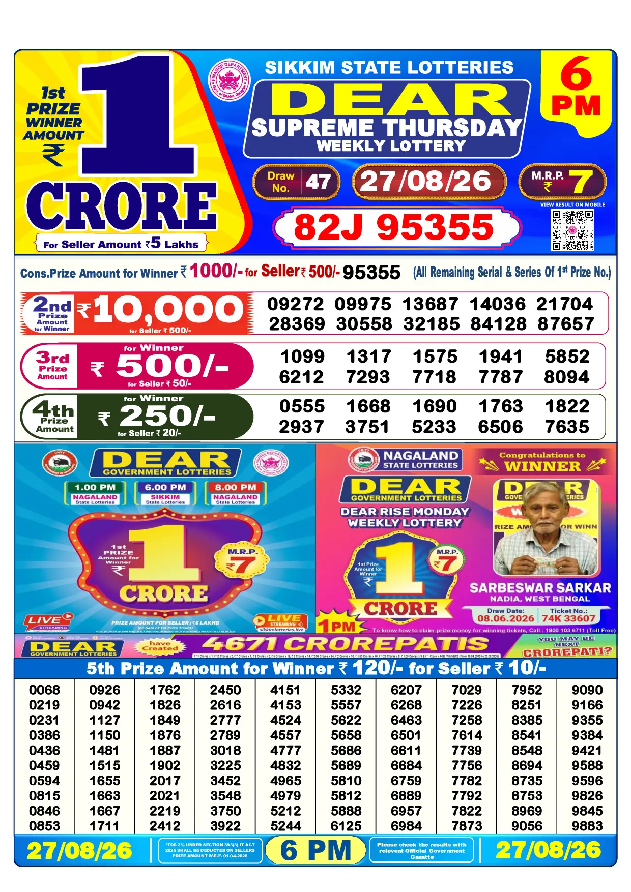 Official Lottery Sambad 6PM SUPREME THURSDAY result sheet for 27 August 2026