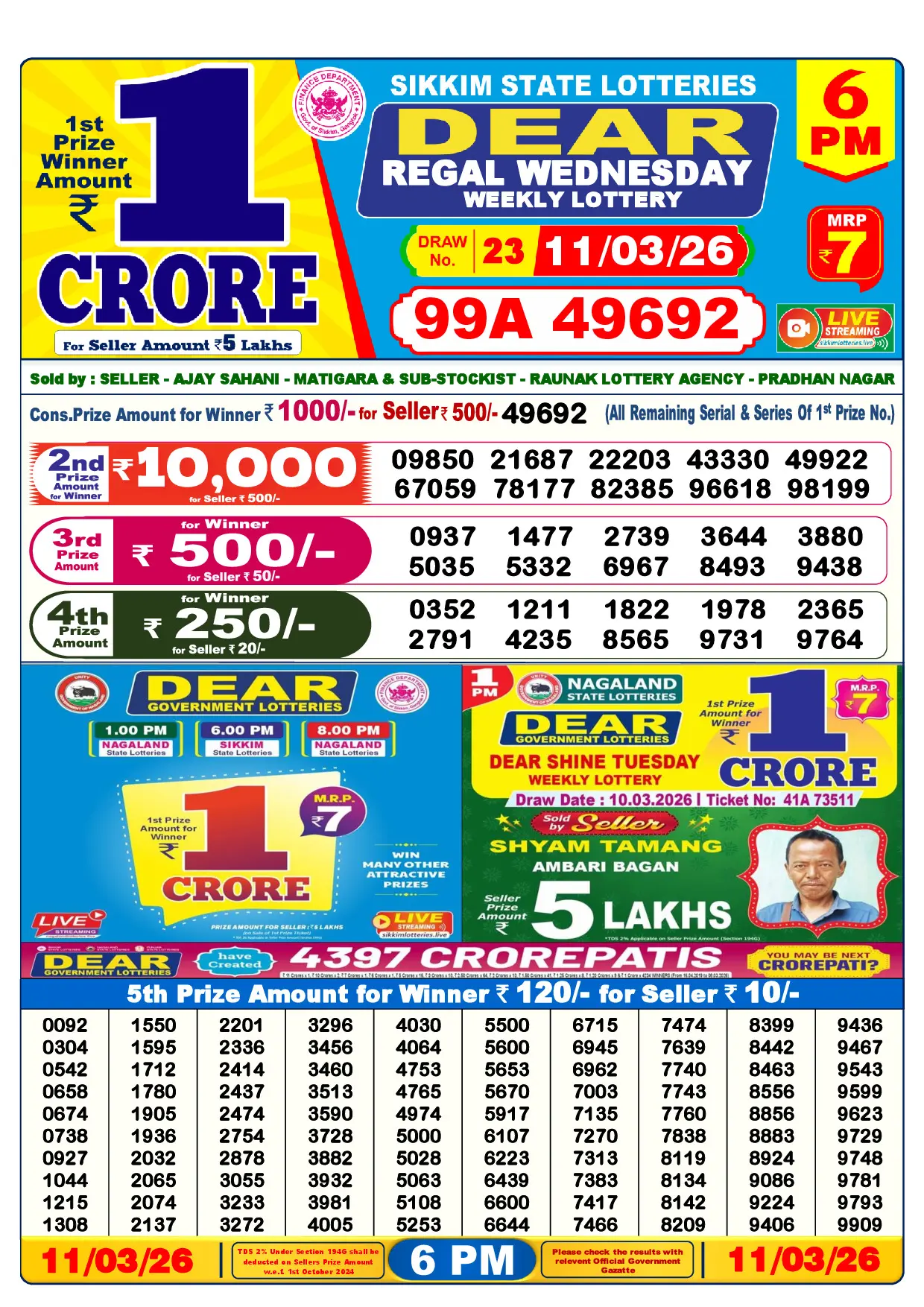 Official Lottery Sambad 6PM REGAL WEDNESDAY result sheet for 11 March 2026