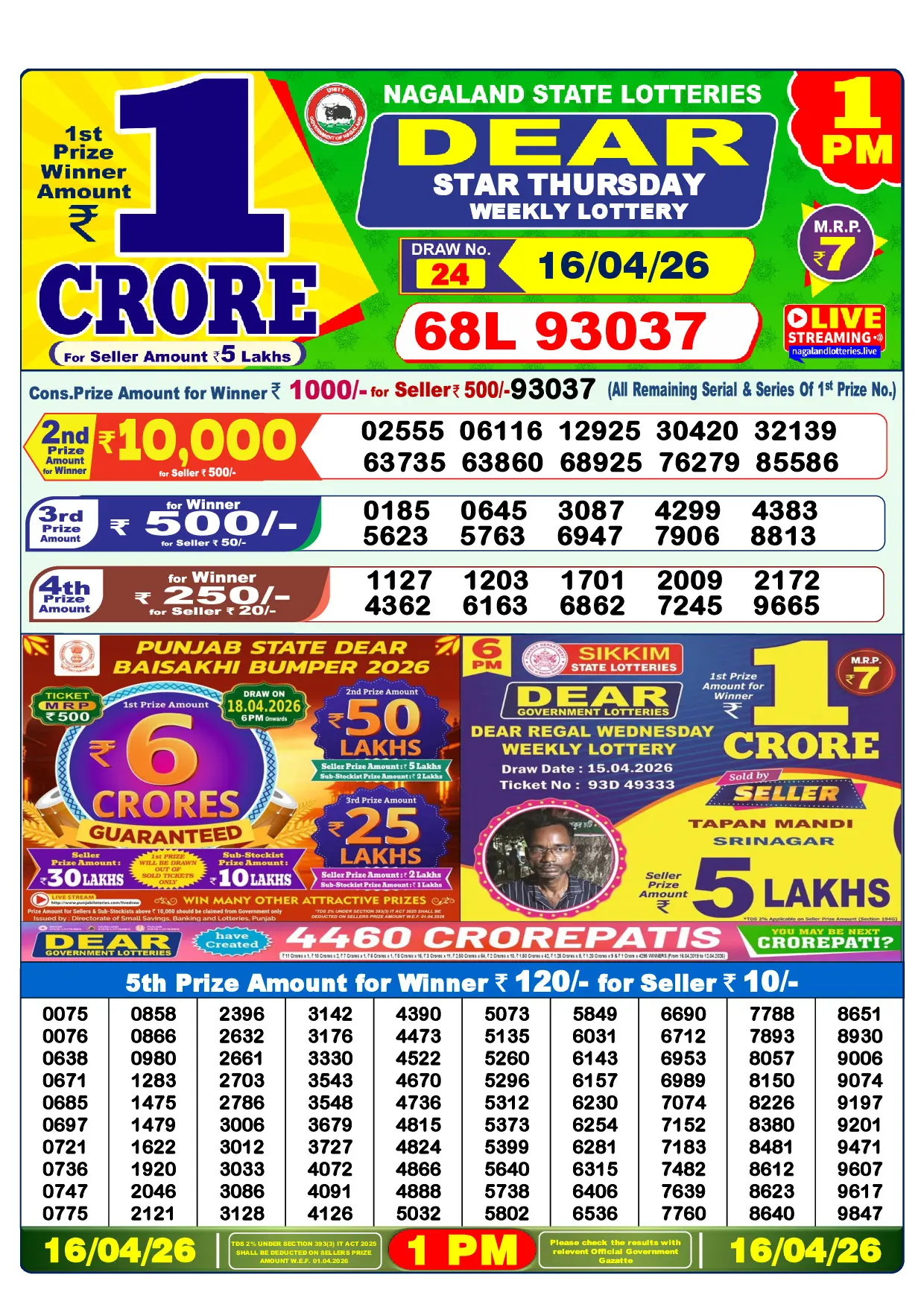 Official Lottery Sambad 1PM STAR THURSDAY result sheet for 16 April 2026