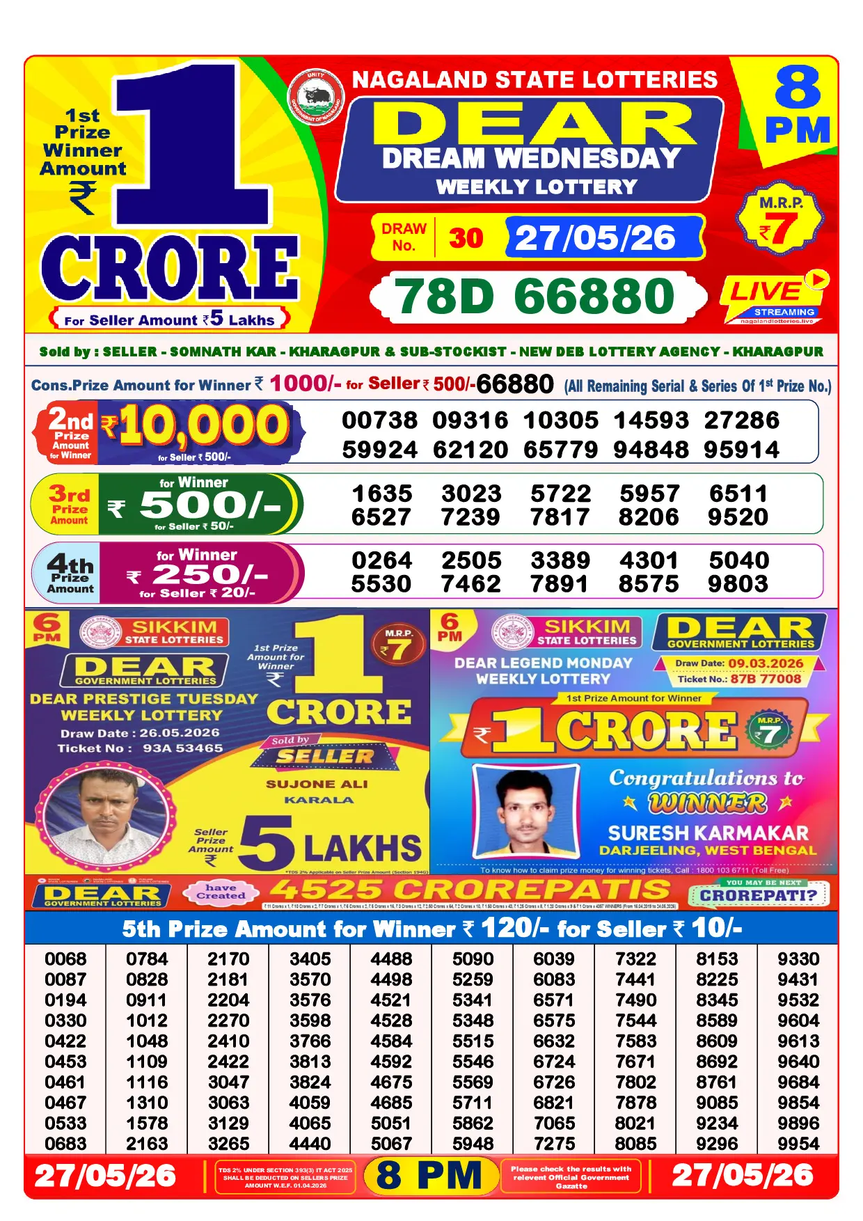 Official Lottery Sambad 8PM DREAM WEDNESDAY result sheet for 27 May 2026