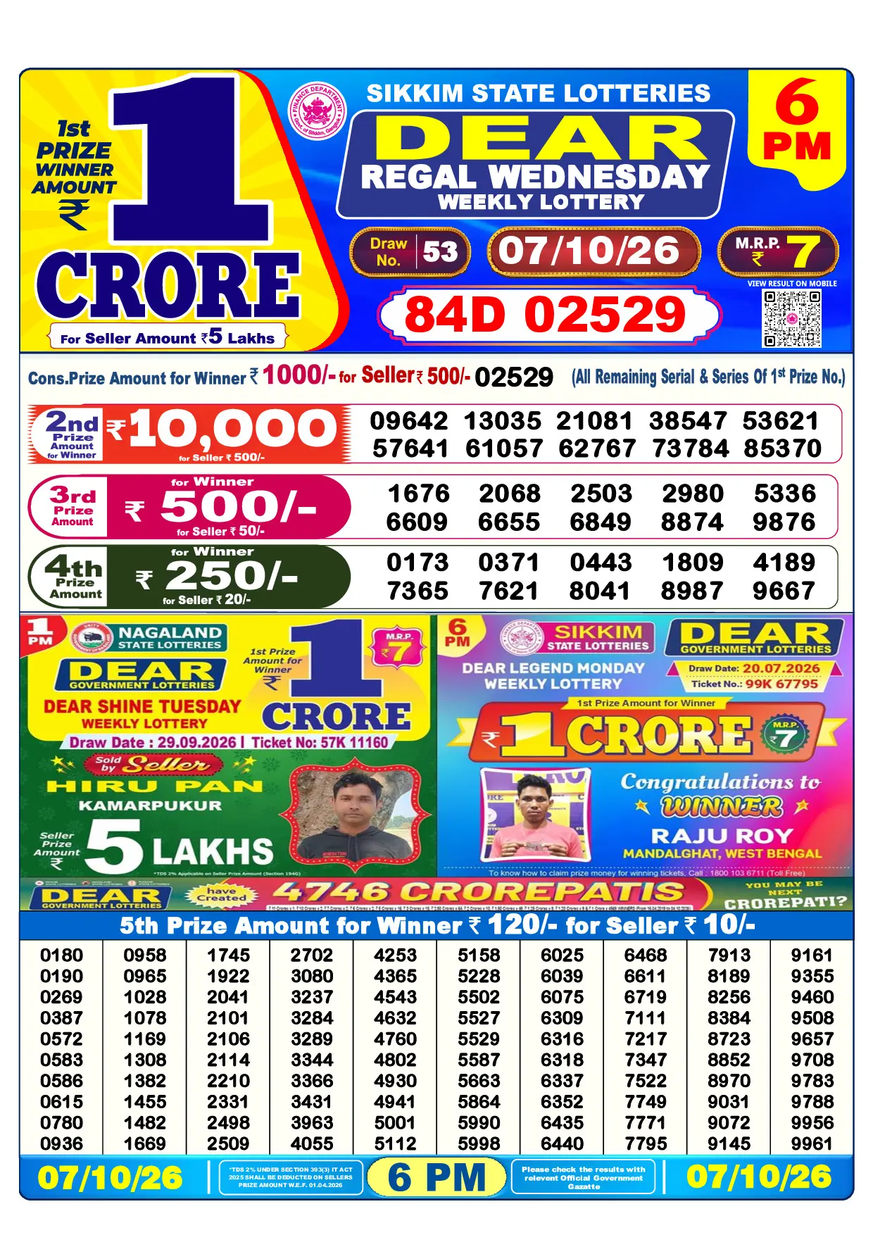Official Lottery Sambad 6PM REGAL WEDNESDAY result sheet for 7 October 2026