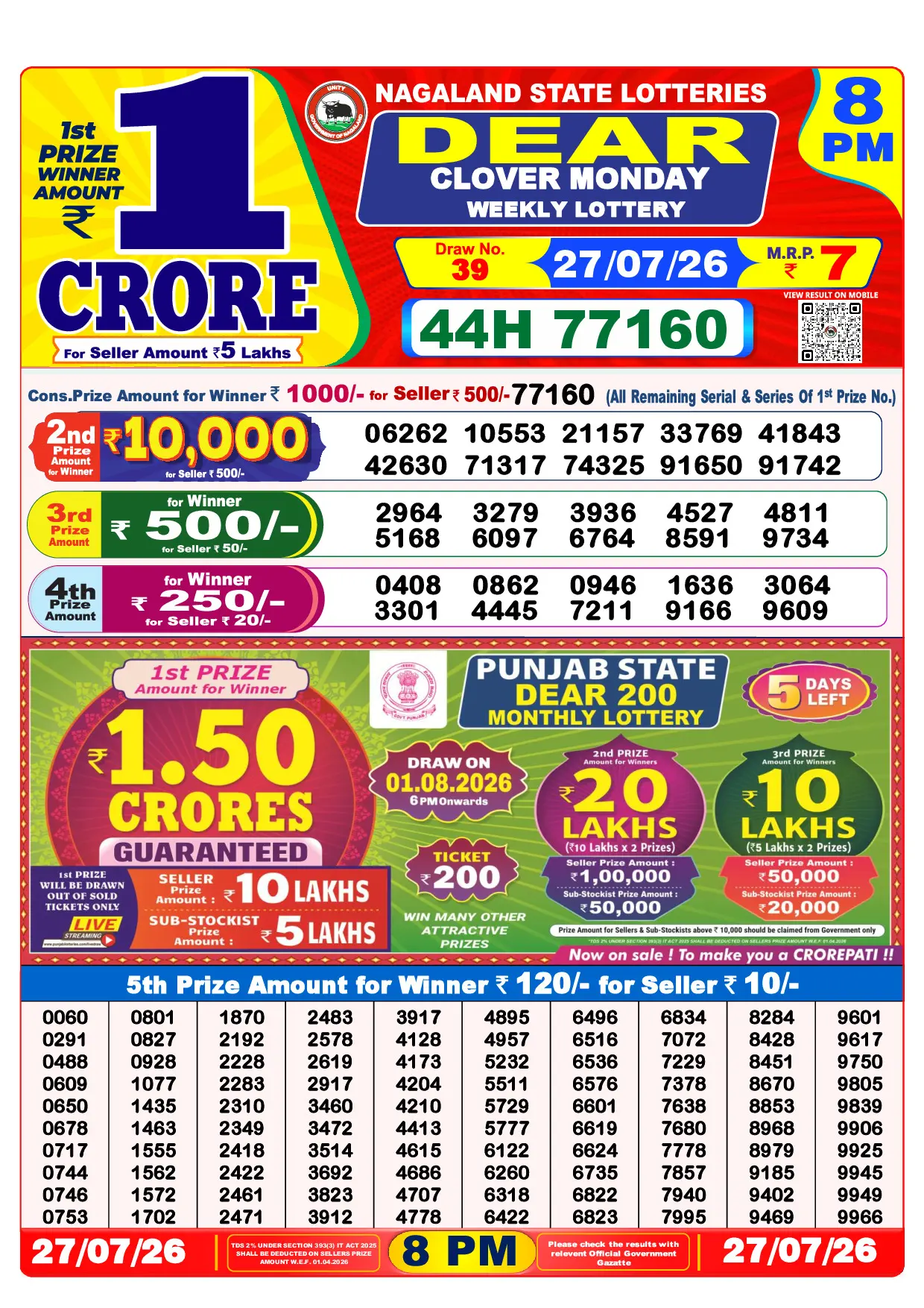 Official Lottery Sambad 8PM CLOVER MONDAY result sheet for 27 July 2026