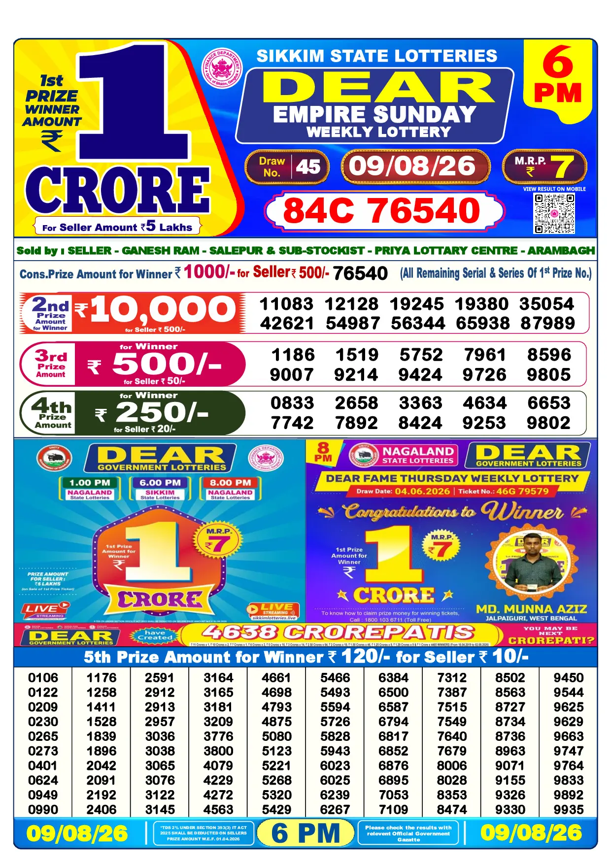 Official Lottery Sambad 6PM EMPIRE SUNDAY result sheet for 9 August 2026
