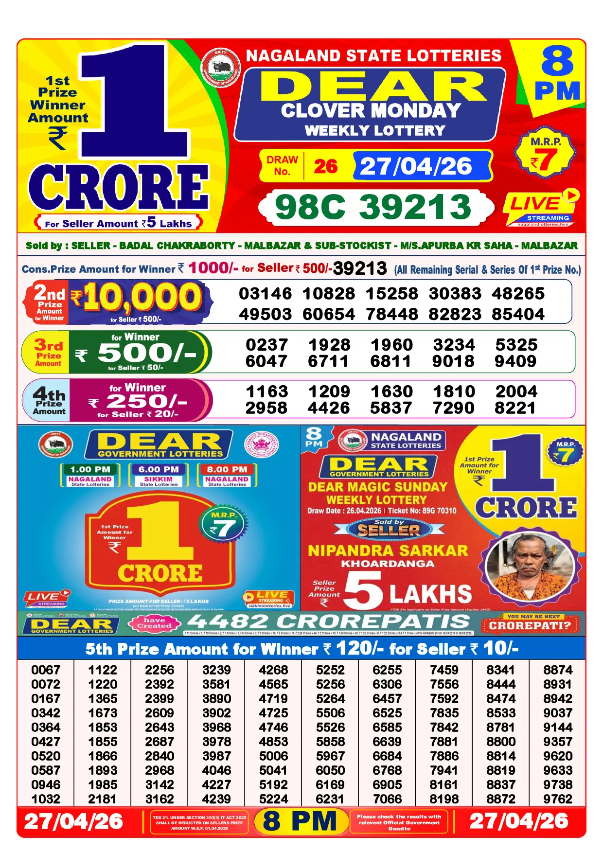 Official Lottery Sambad 8PM CLOVER MONDAY result sheet for 27 April 2026