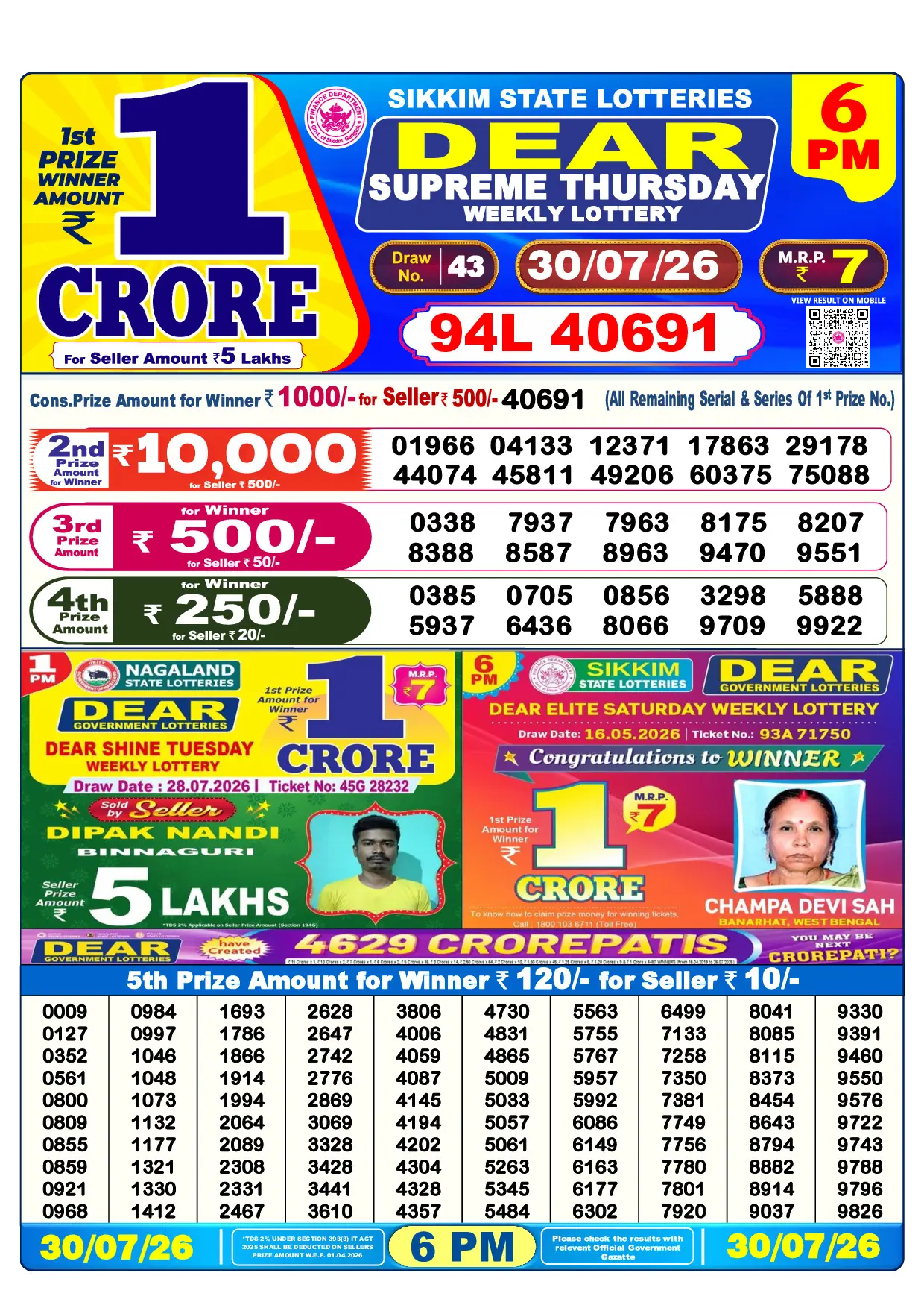 Official Lottery Sambad 6PM SUPREME THURSDAY result sheet for 30 July 2026