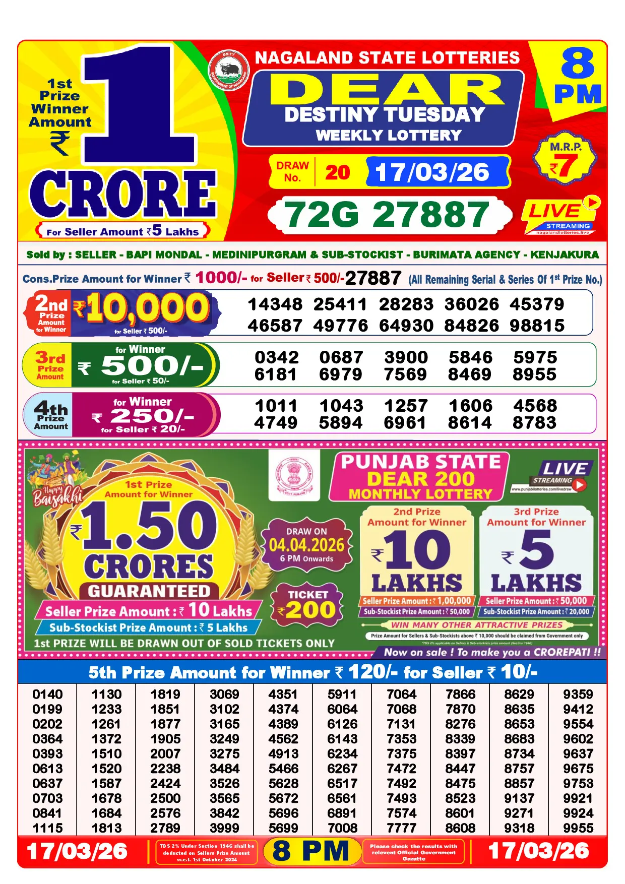 Official Lottery Sambad 8PM DESTINY TUESDAY result sheet for 17 March 2026