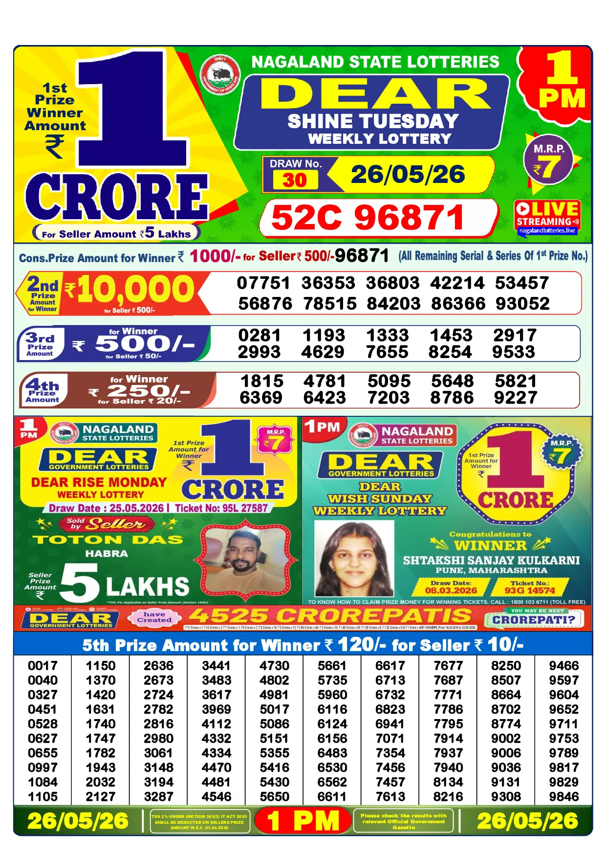 Official Lottery Sambad 1PM SHINE TUESDAY result sheet for 26 May 2026