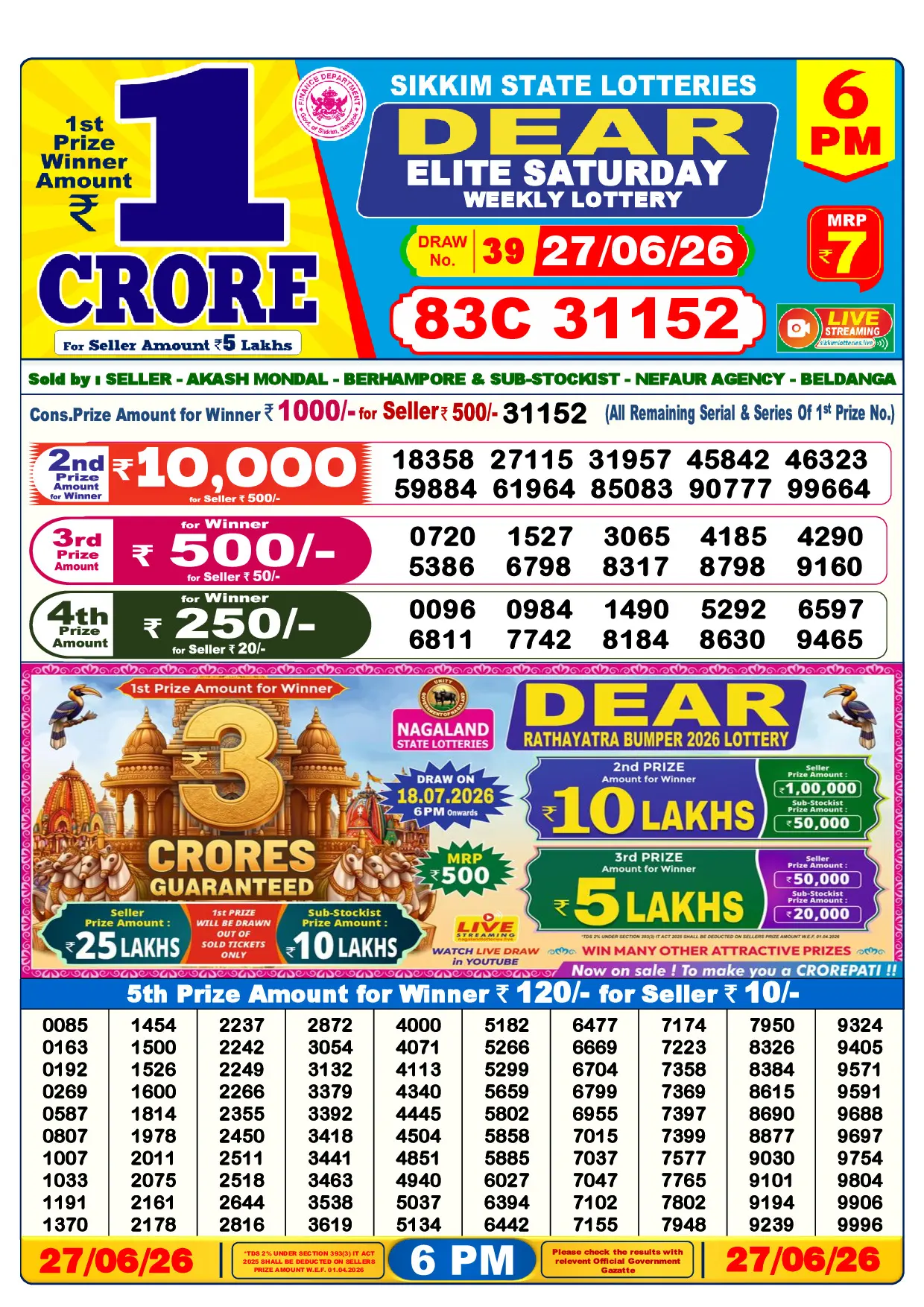 Official Lottery Sambad 6PM ELITE SATURDAY result sheet for 27 June 2026