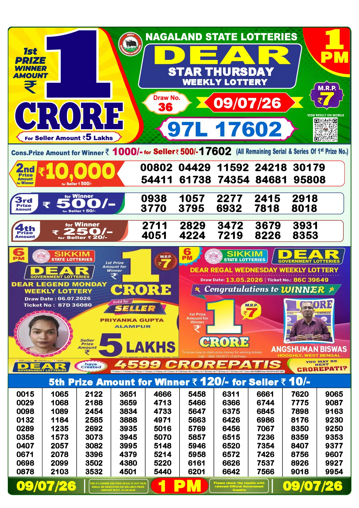 Official Lottery Sambad 1PM STAR THURSDAY result sheet for 9 July 2026