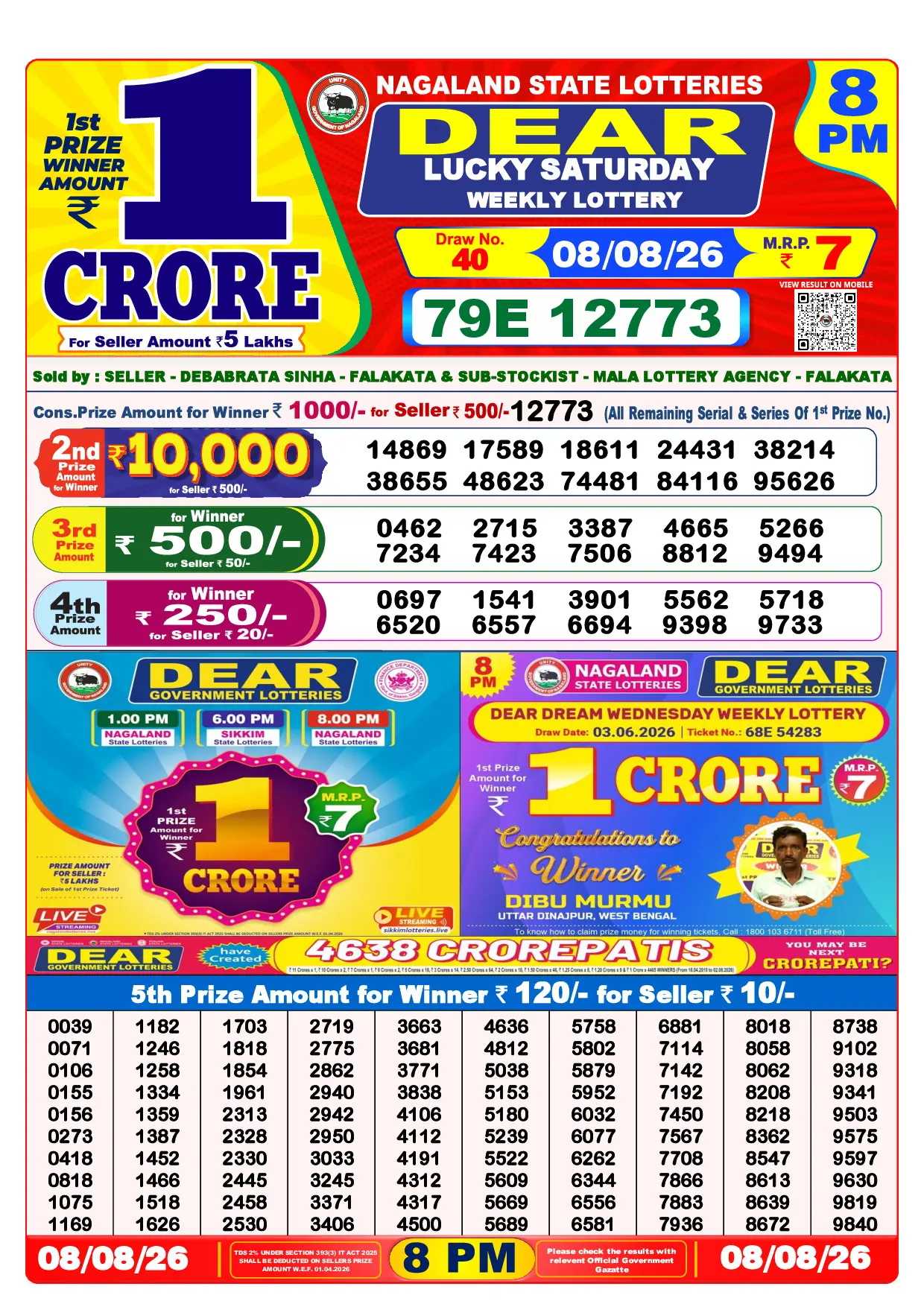 Official Lottery Sambad 8PM LUCKY SATURDAY result sheet for 8 August 2026