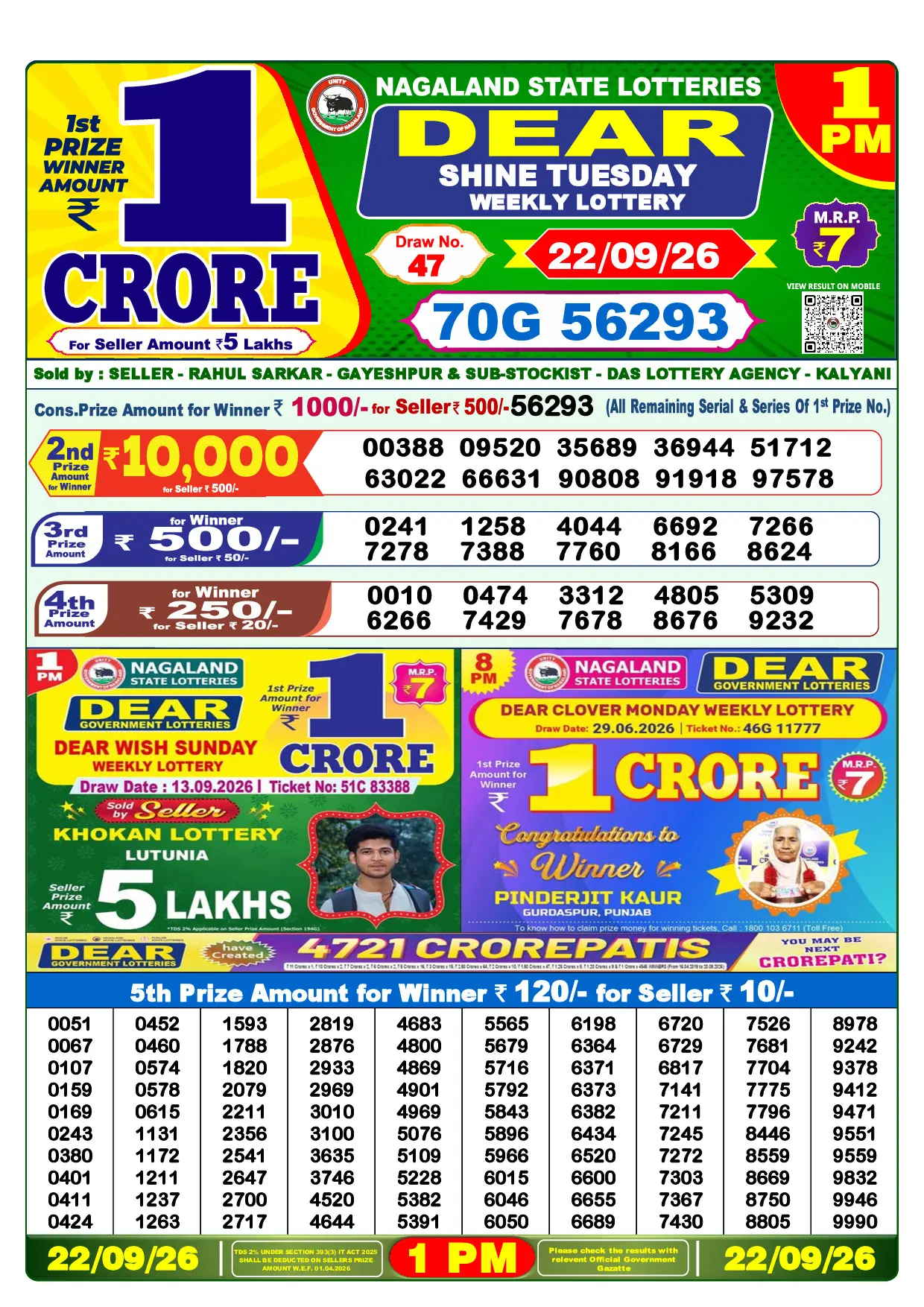 Official Lottery Sambad 1PM SHINE TUESDAY result sheet for 22 September 2026