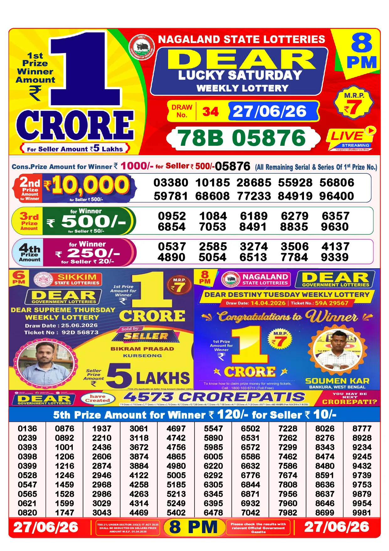 Official Lottery Sambad 8PM LUCKY SATURDAY result sheet for 27 June 2026