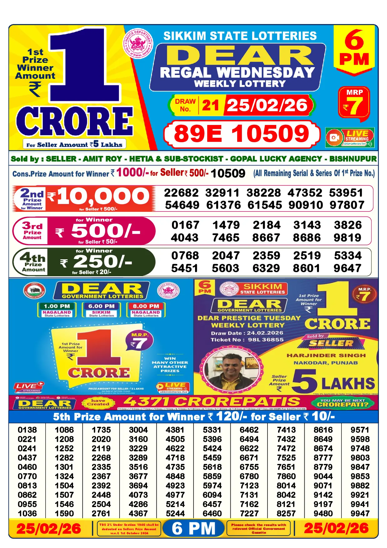 Official Lottery Sambad 6PM REGAL WEDNESDAY result sheet for 25 February 2026