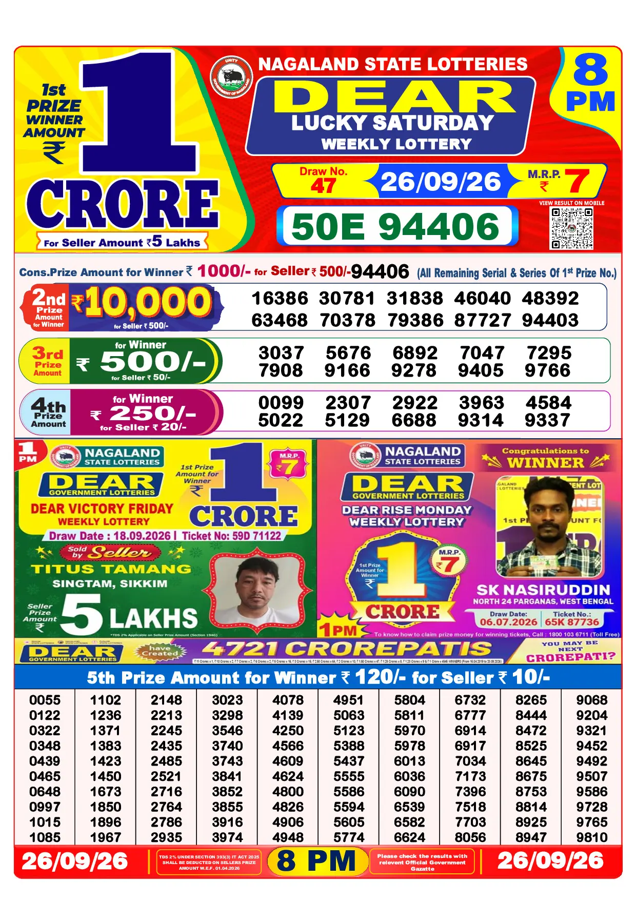 Official Lottery Sambad 8PM LUCKY SATURDAY result sheet for 26 September 2026
