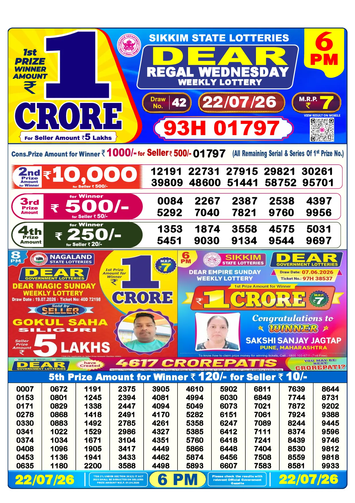 Official Lottery Sambad 6PM REGAL WEDNESDAY result sheet for 22 July 2026