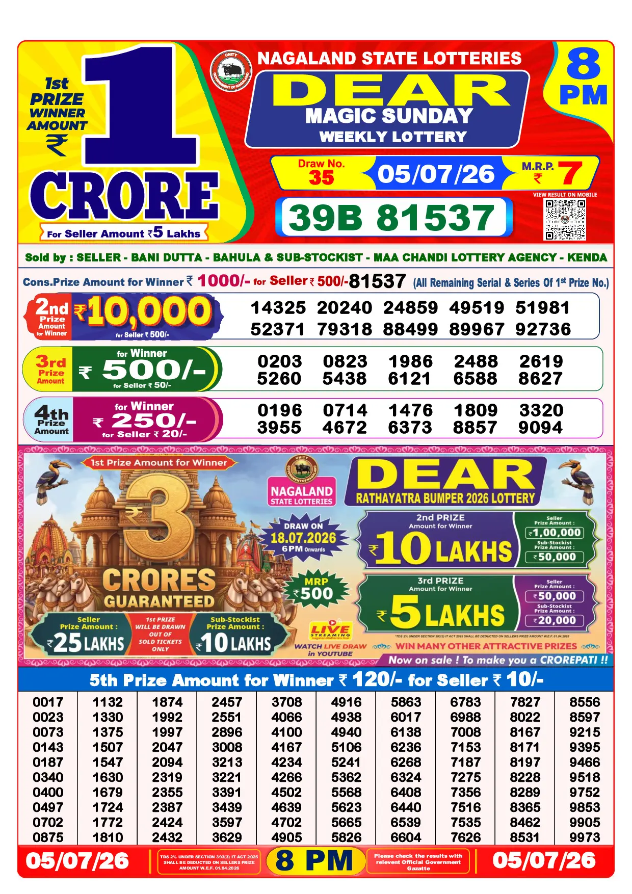 Official Lottery Sambad 8PM MAGIC SUNDAY result sheet for 5 July 2026