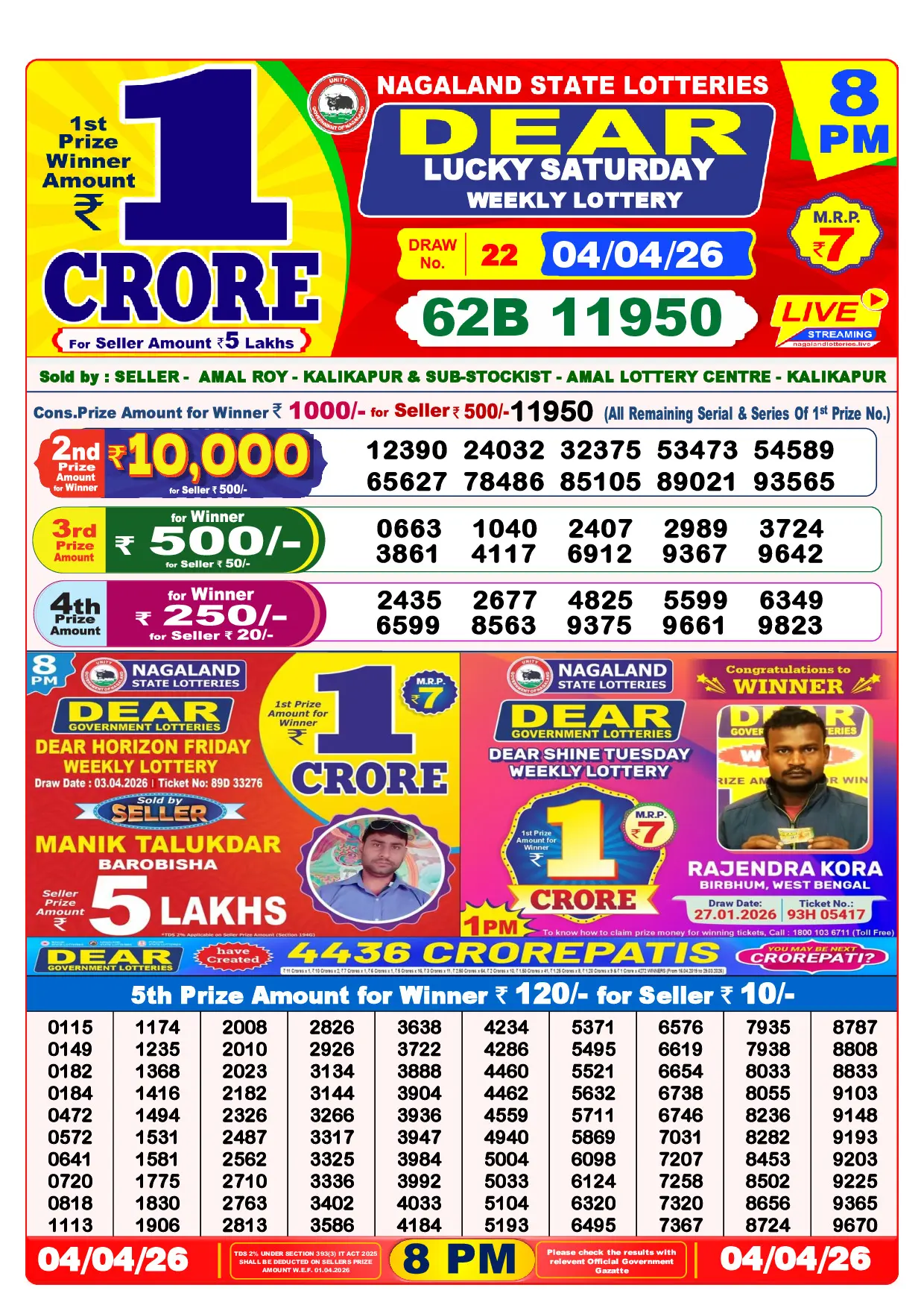 Official Lottery Sambad 8PM LUCKY SATURDAY result sheet for 4 April 2026
