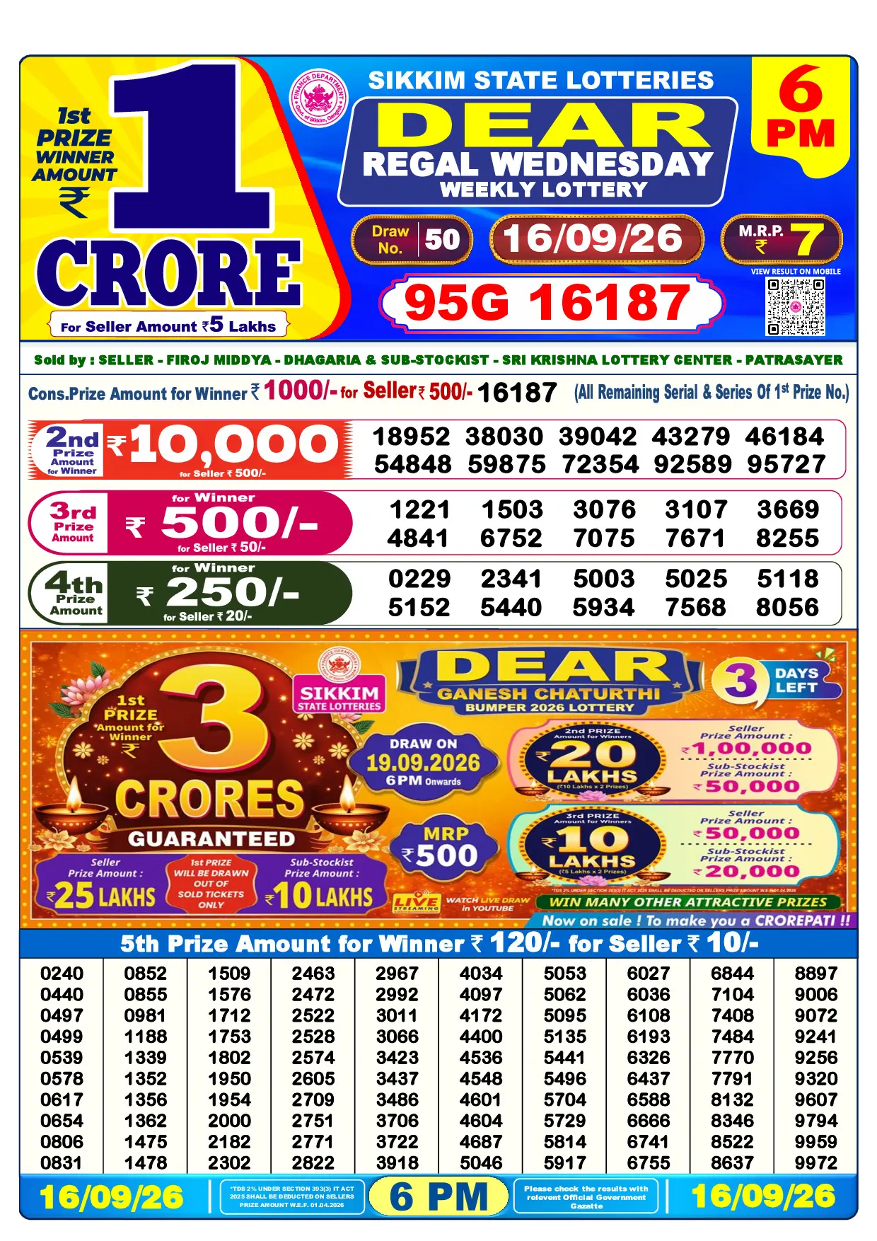 Official Lottery Sambad 6PM REGAL WEDNESDAY result sheet for 16 September 2026