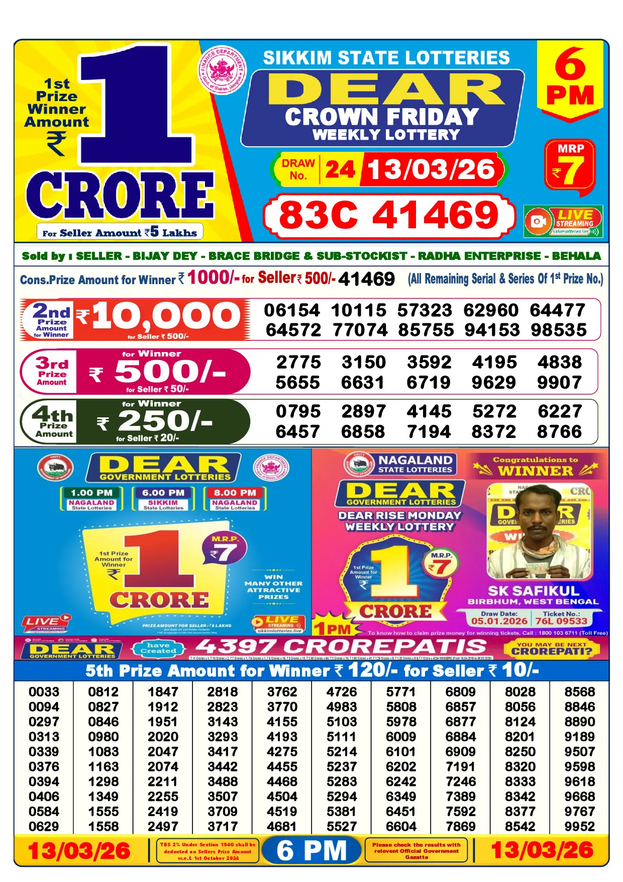 Official Lottery Sambad 6PM CROWN FRIDAY result sheet for 13 March 2026