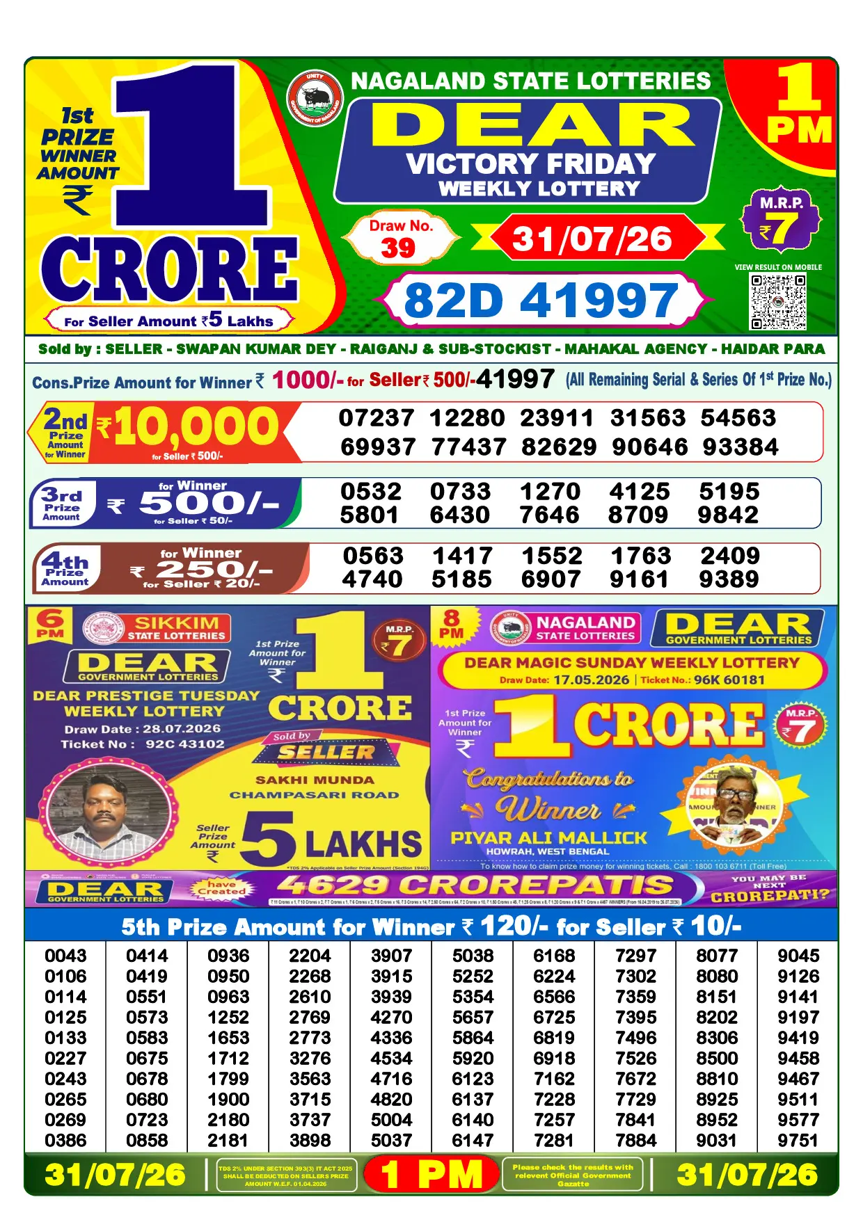 Official Lottery Sambad 1PM VICTORY FRIDAY result sheet for 31 July 2026