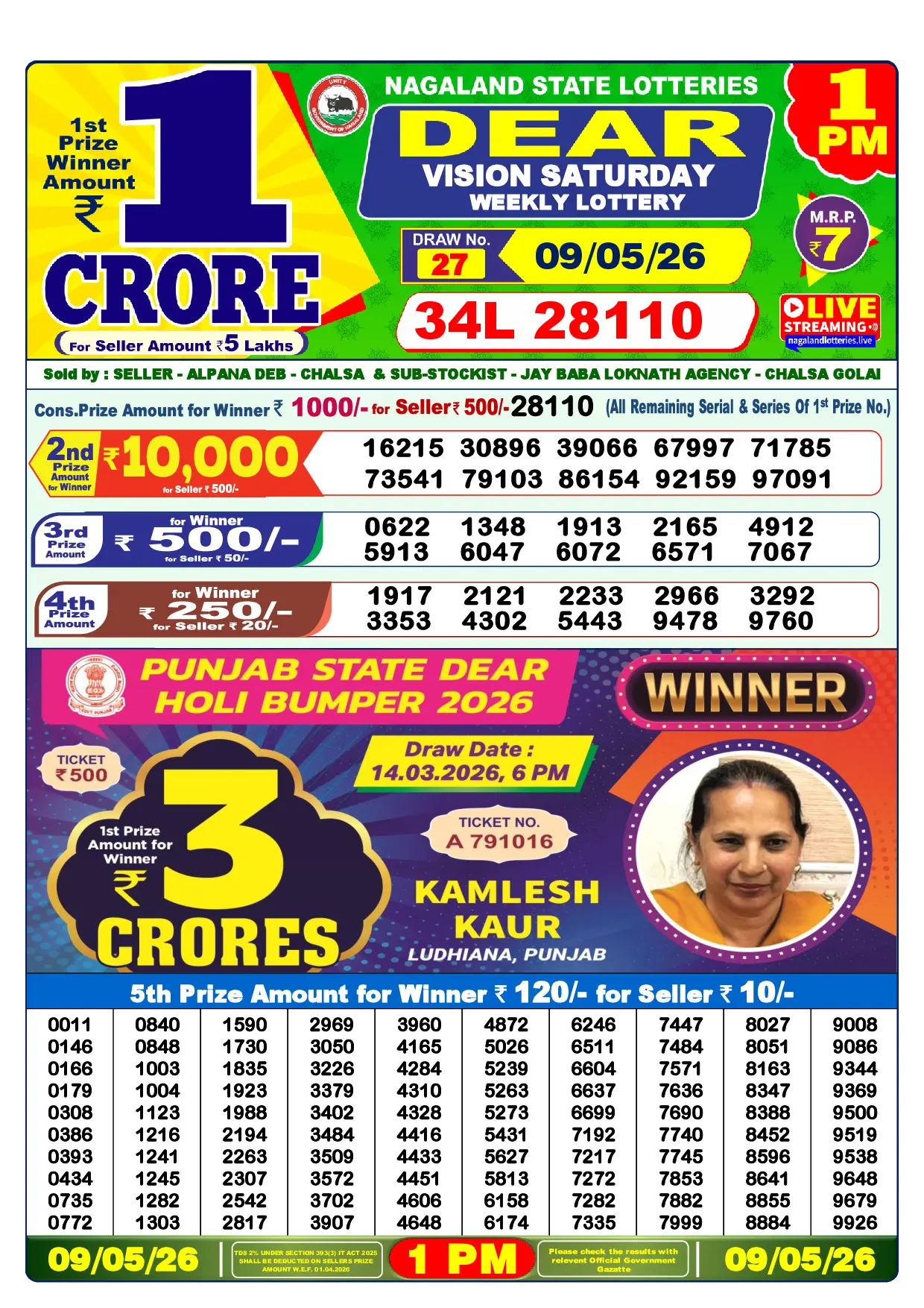 Official Lottery Sambad 1PM VISION SATURDAY result sheet for 9 May 2026